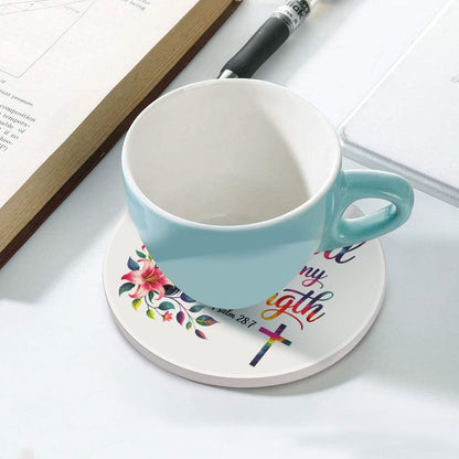 He Is My Strength Christian Round Ceramic Coaster - ClaimedbyGodDesigns