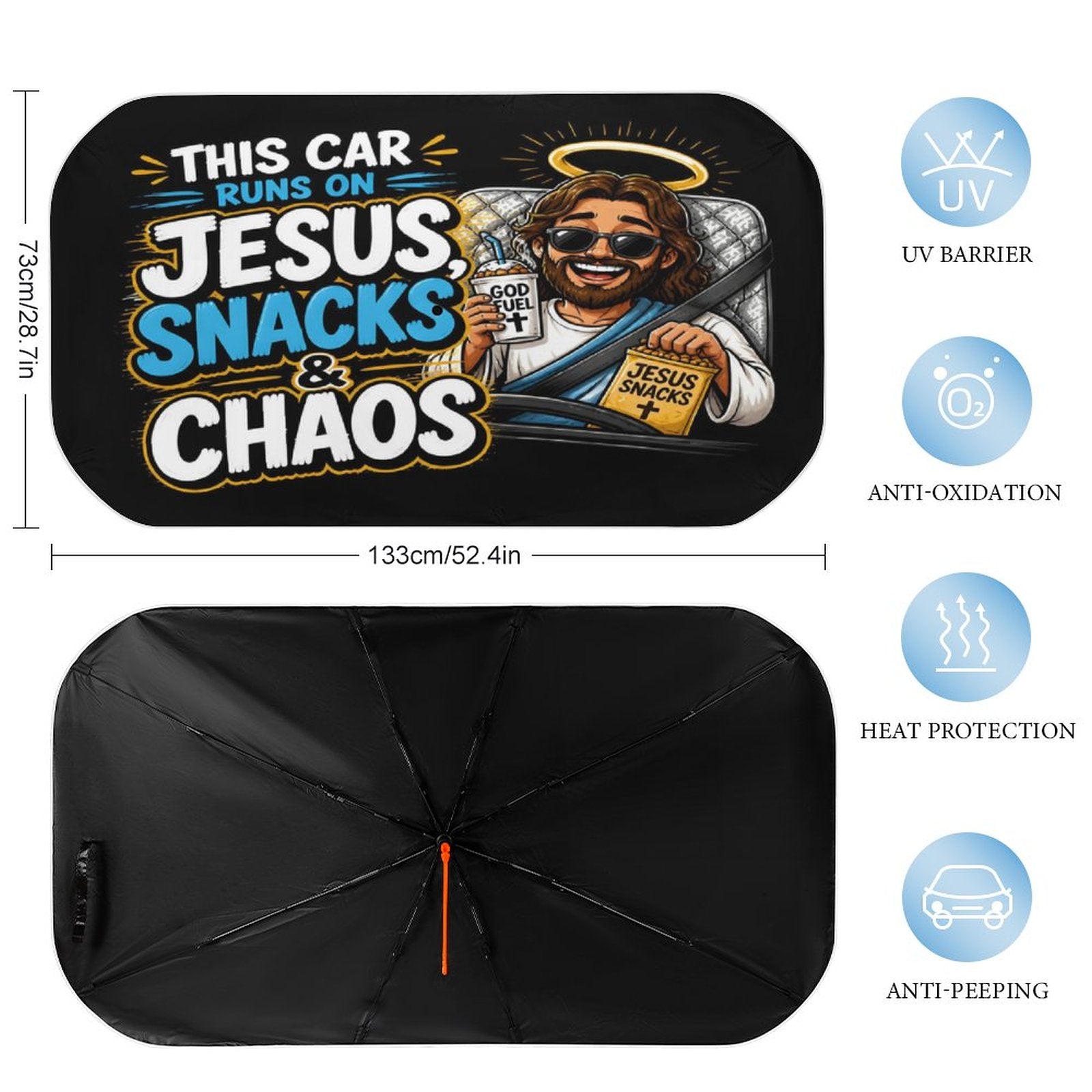 This Car Runs on Jesus, Snacks & Chaos Christian Car Sunshade Umbrella - ClaimedbyGodDesigns