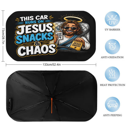 This Car Runs on Jesus, Snacks & Chaos Christian Car Sunshade Umbrella - ClaimedbyGodDesigns