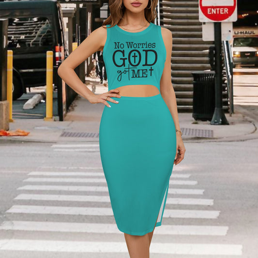 No Worries God Got Me Crew Neck Side Slit Cut Out Sleeveless Christian Bodycon Dress