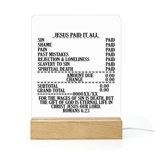 Jesus Paid It All Christian Acrylic Night Light with Wooden Base Christian Gift Idea