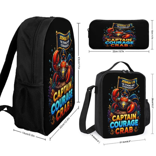 Captain Courage Crab Christian 3 PCS Bag Set (Backpack, Lunch Bag and Pencil Case) - ClaimedbyGodDesigns