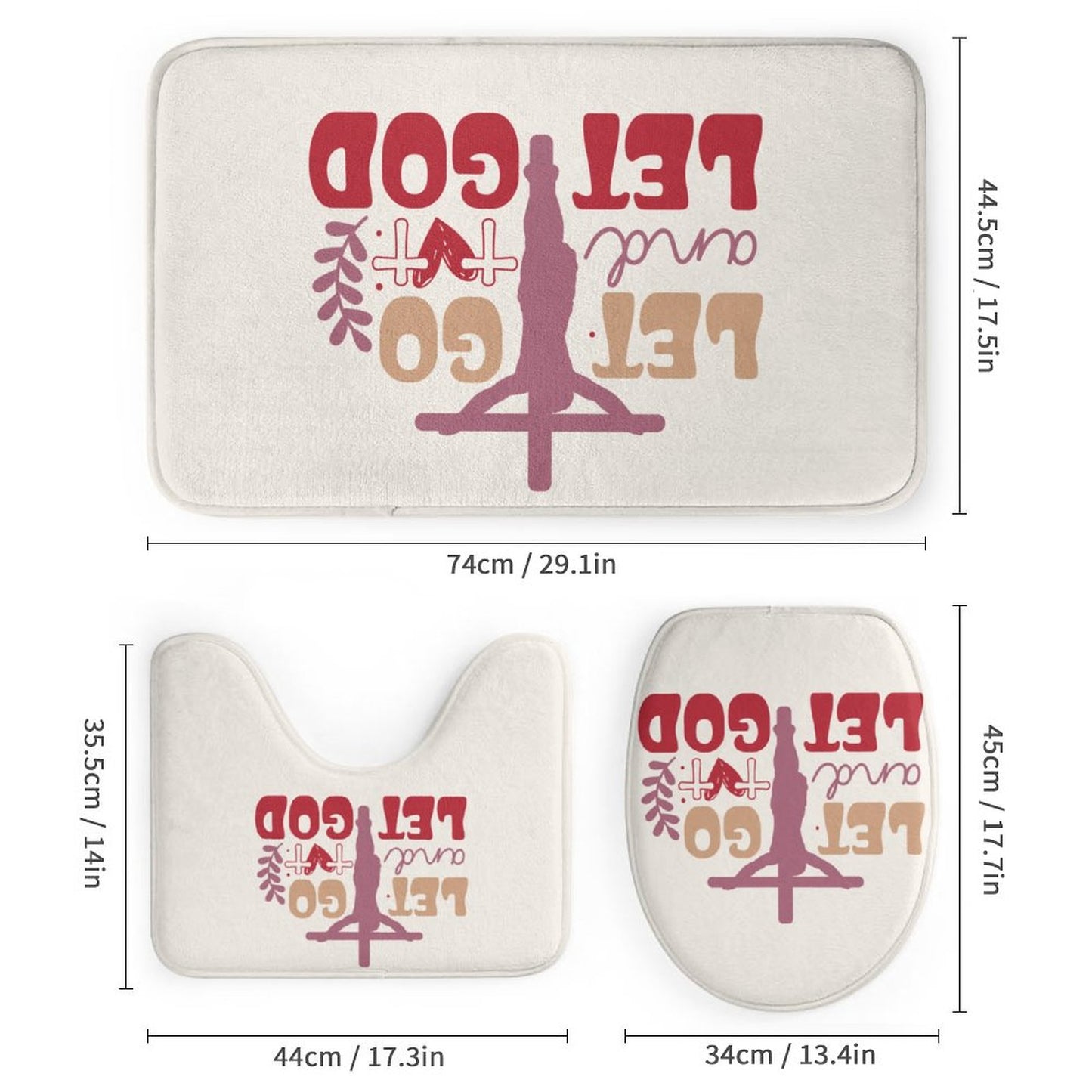 Let Go And Let God Christian Shower Curtain Set with a bath rug, a contour rug and a toilet lid cover.