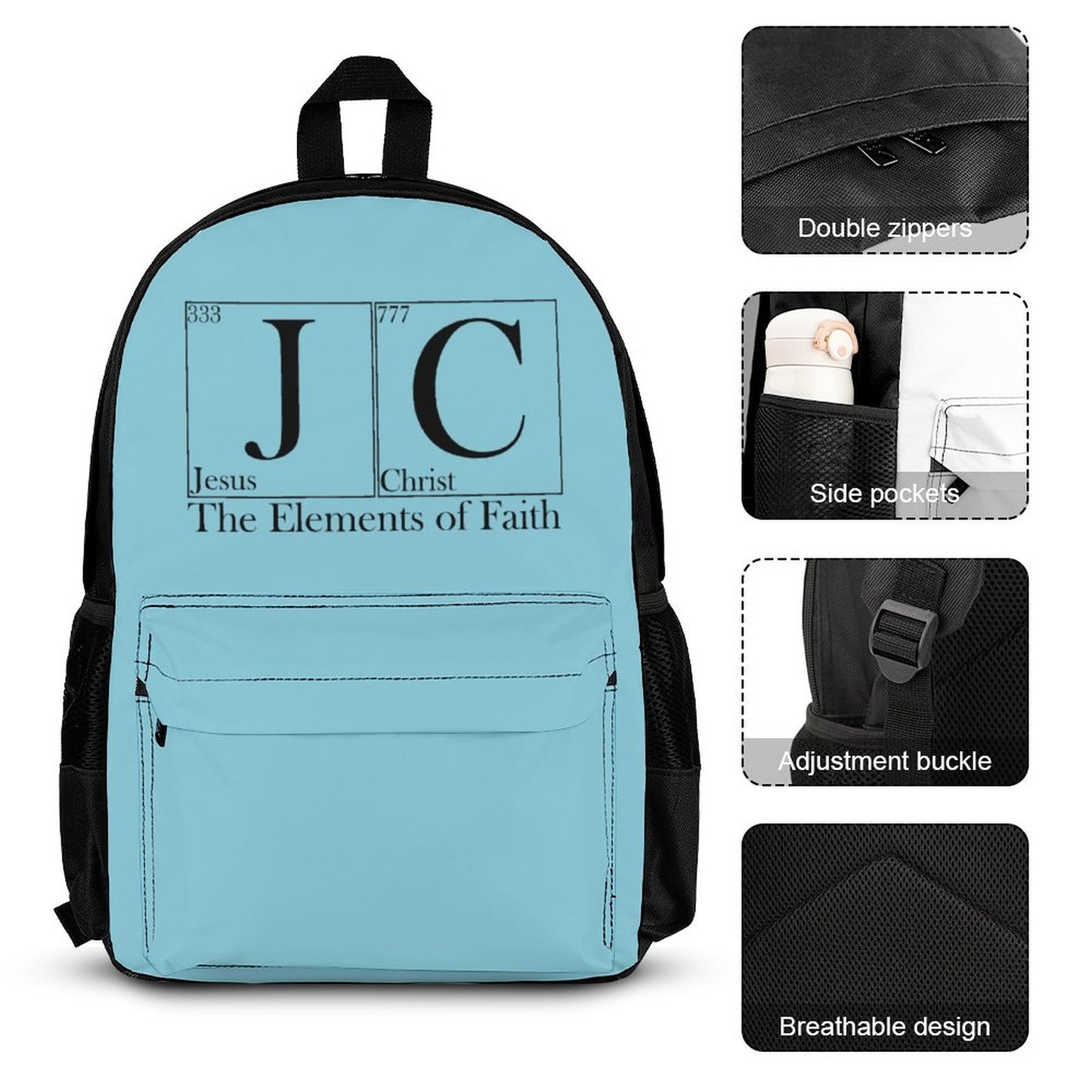 J C JESUS CHRIST The Elements Of Faith Christian Backpack Set of 3 Bags (Shoulder Bag Lunch Bag & Pencil Pouch)