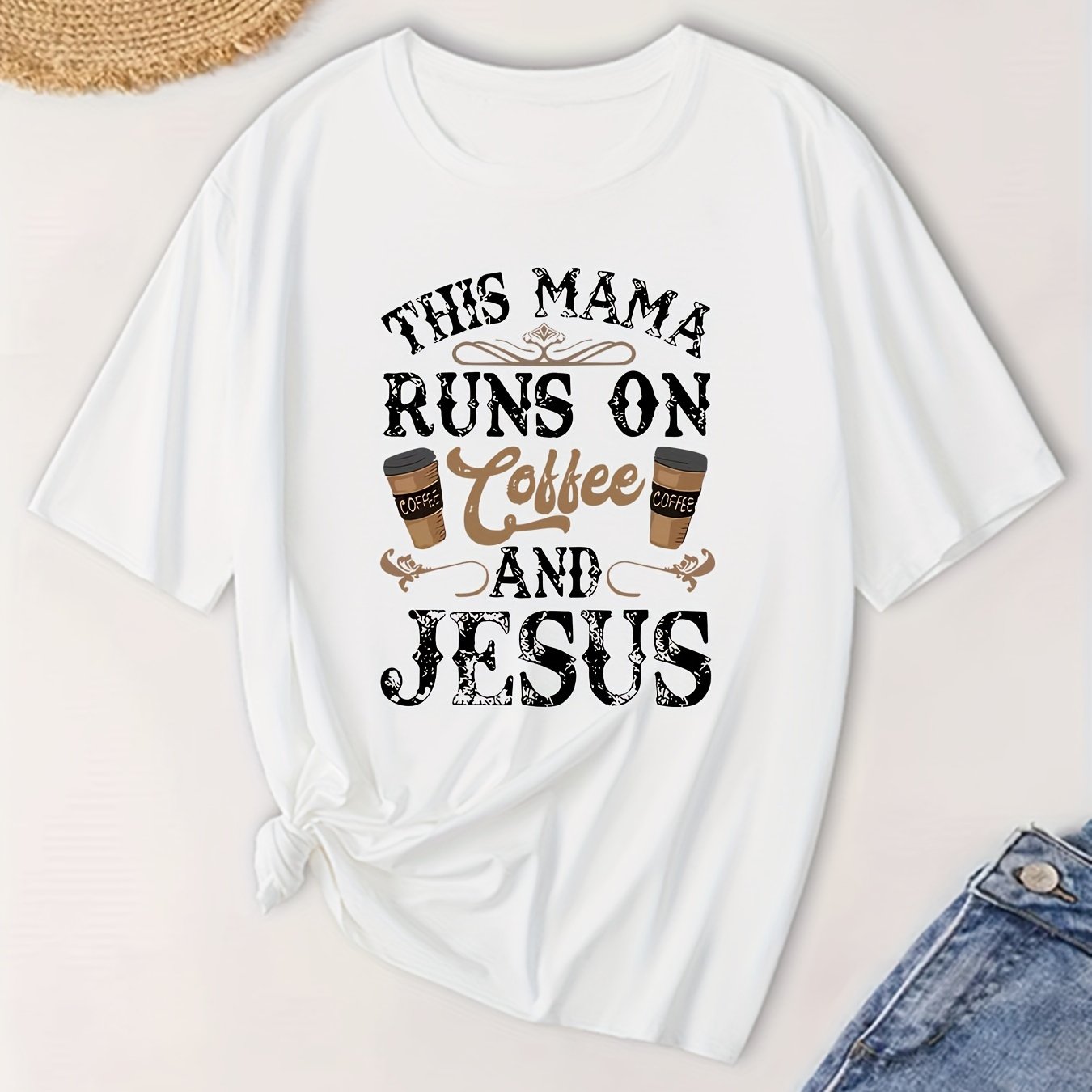 This Mama Runs On coffee And Jesus Plus Size Women's Christian T-shirt claimedbygoddesigns