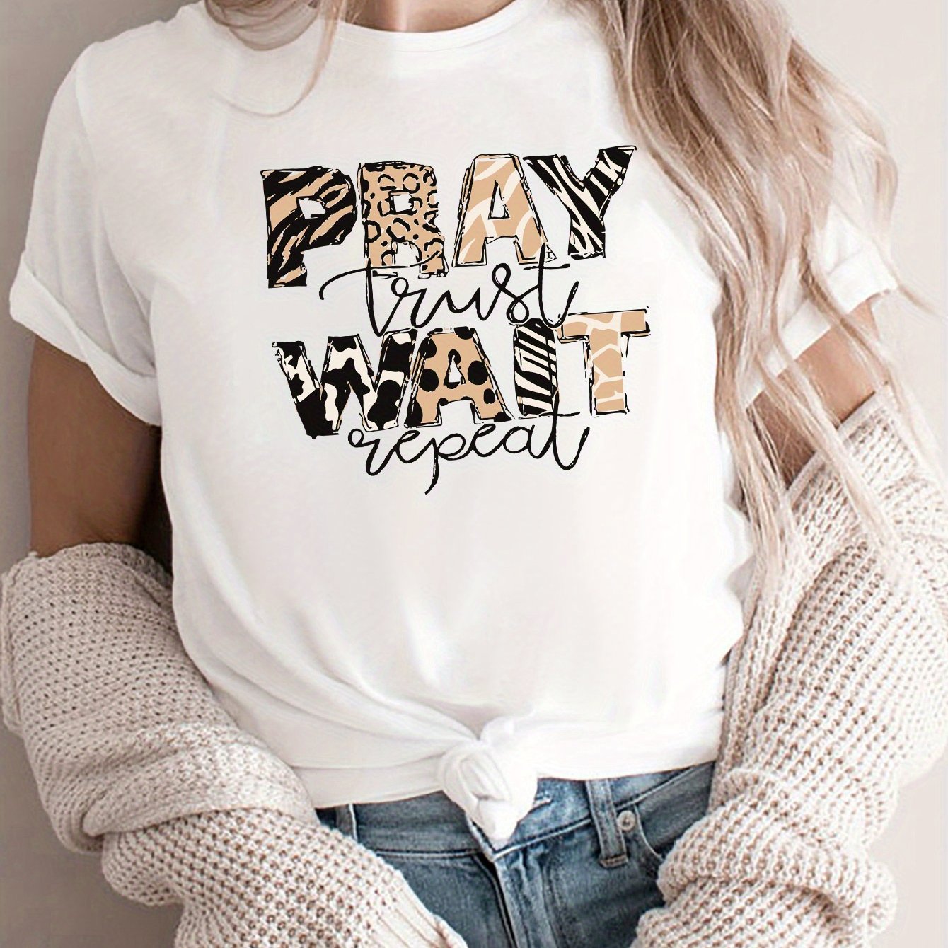 Pray Trust Wait Repeat Women's Christian T-shirt claimedbygoddesigns