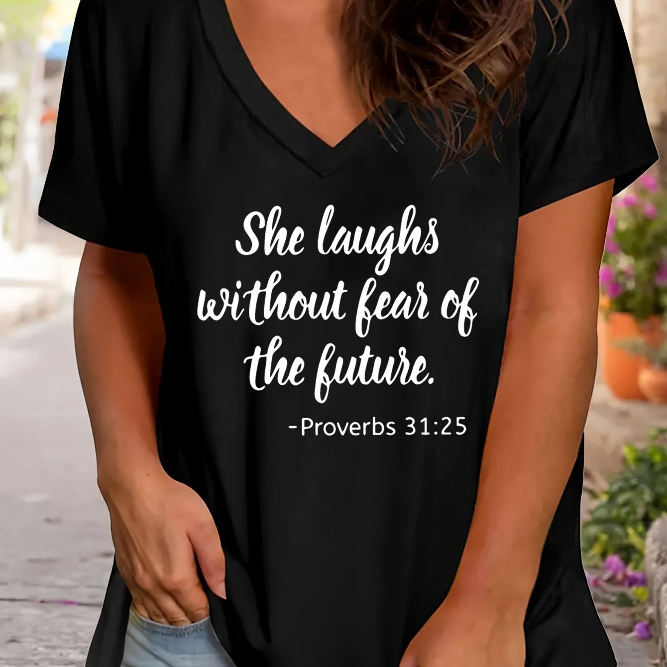 Proverbs 31:25 She Laughs Without Fear Of The Future Plus Size Women's Christian V Neck T-Shirt claimedbygoddesigns