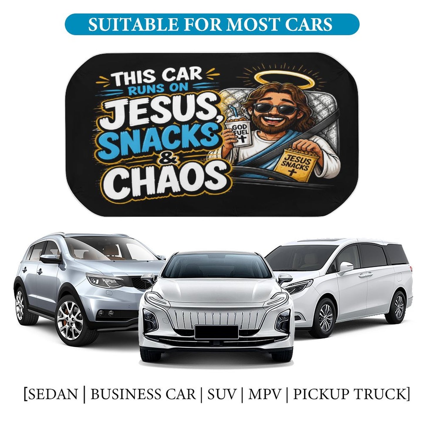 This Car Runs on Jesus, Snacks & Chaos Christian Car Sunshade Umbrella - ClaimedbyGodDesigns