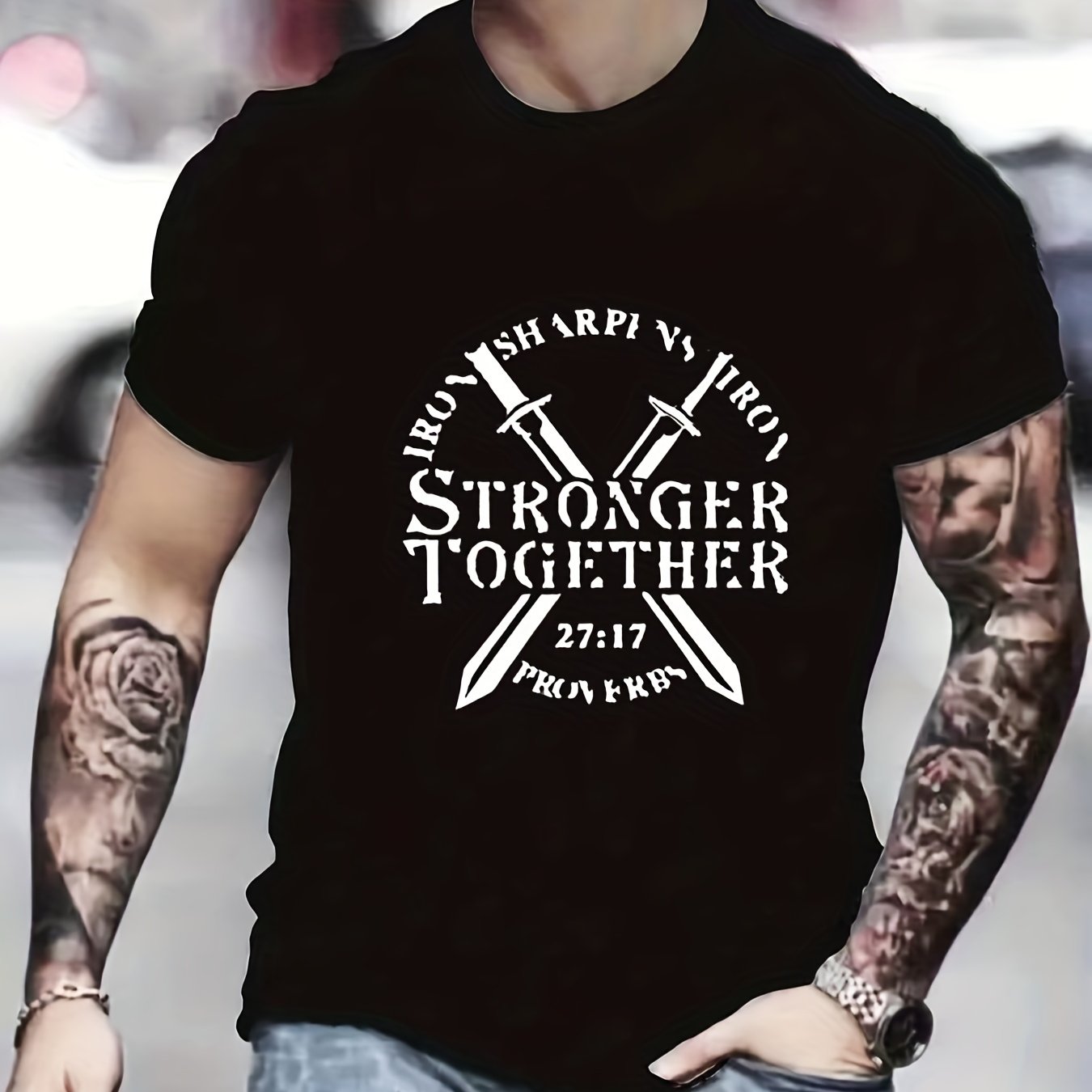 Proverbs 27:17 Iron Sharpens Iron STRONGER TOGETHER Men's Christian T-shirt claimedbygoddesigns