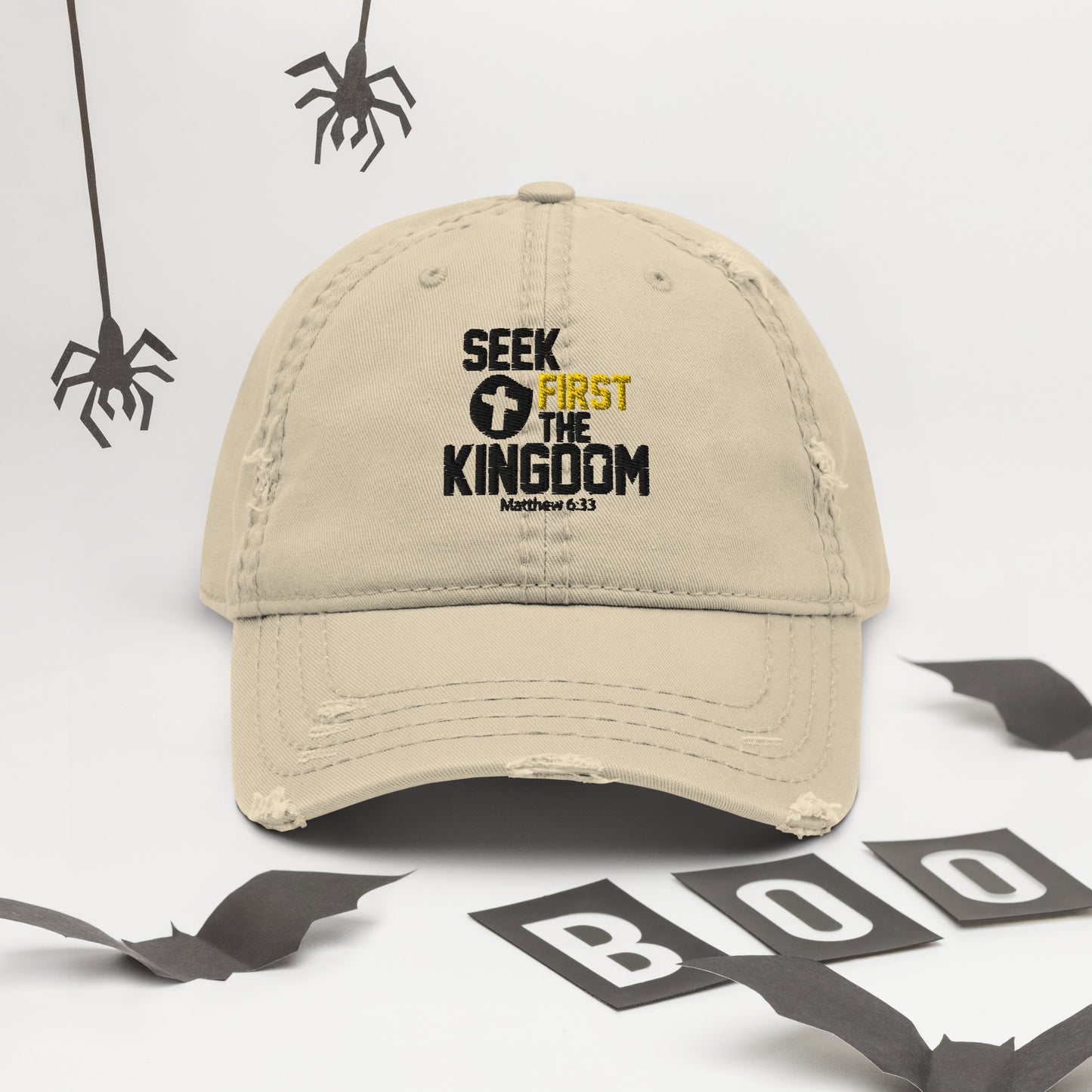 Seek First The Kingdom Adult Christian Distressed Dad Hat