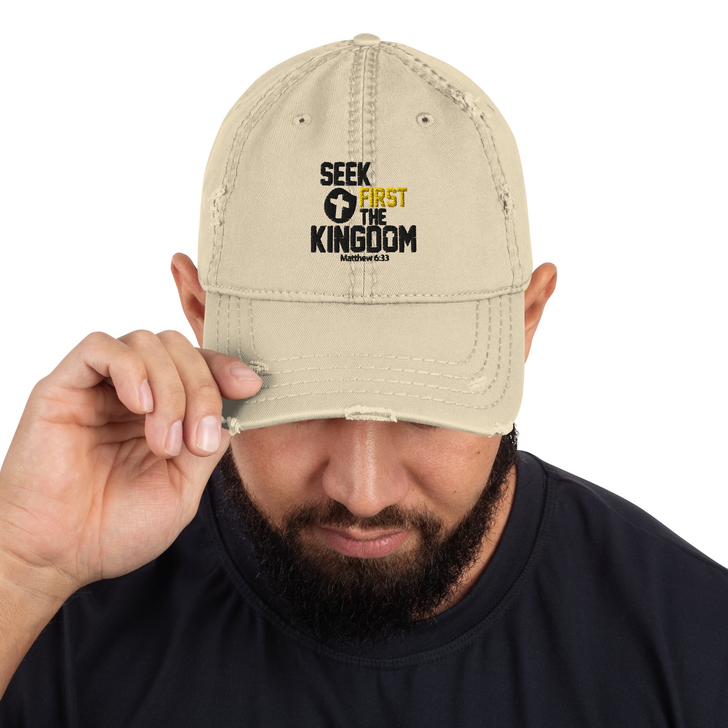 Seek First The Kingdom Adult Christian Distressed Dad Hat