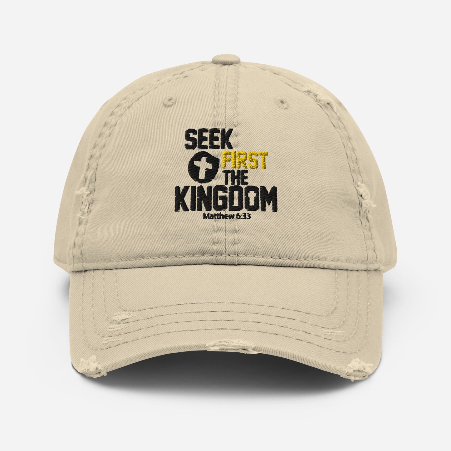 Seek First The Kingdom Adult Christian Distressed Dad Hat