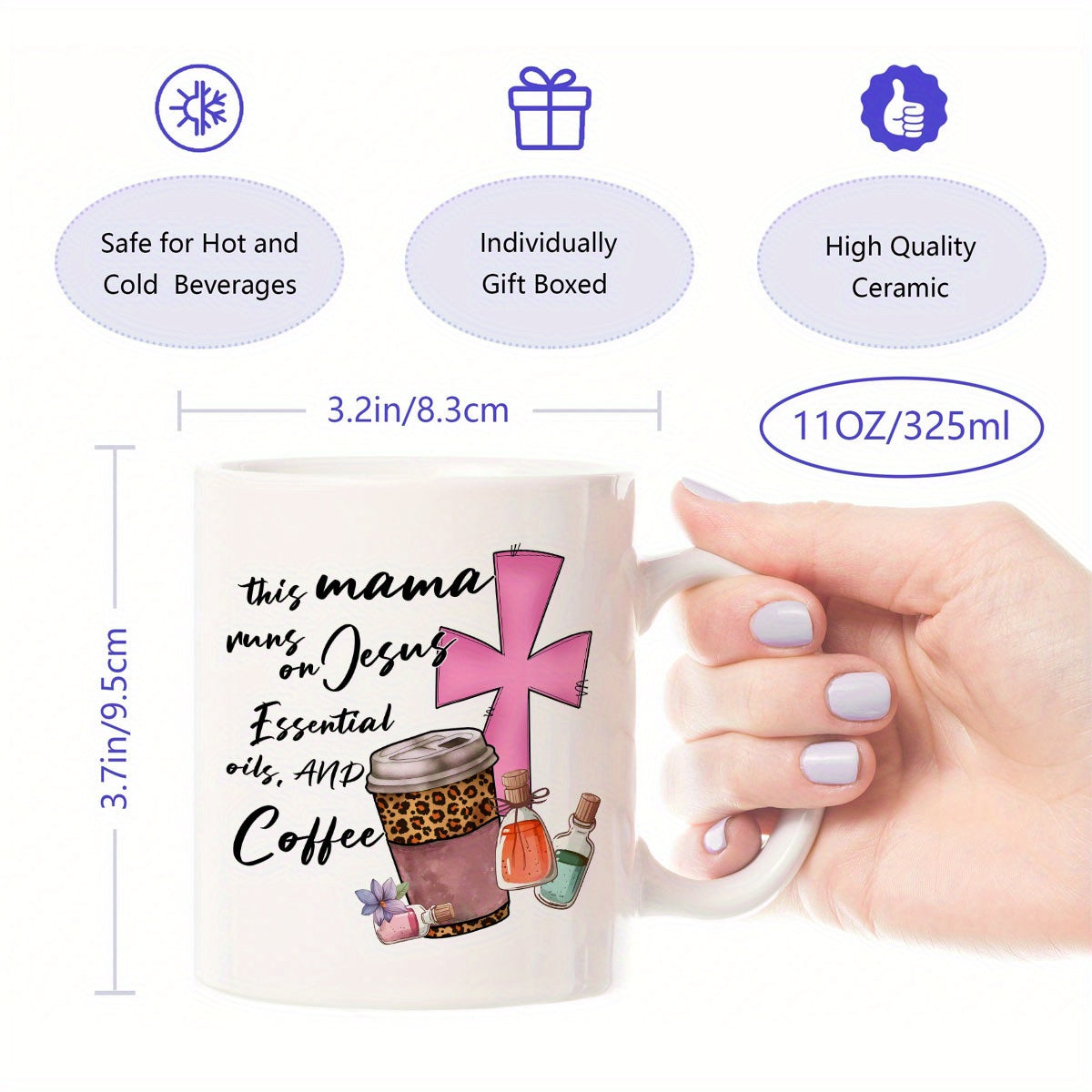 This Mama Runs On Jesus, Essential Oils, And Coffee Christian White Ceramic Mug Double Side Print claimedbygoddesigns