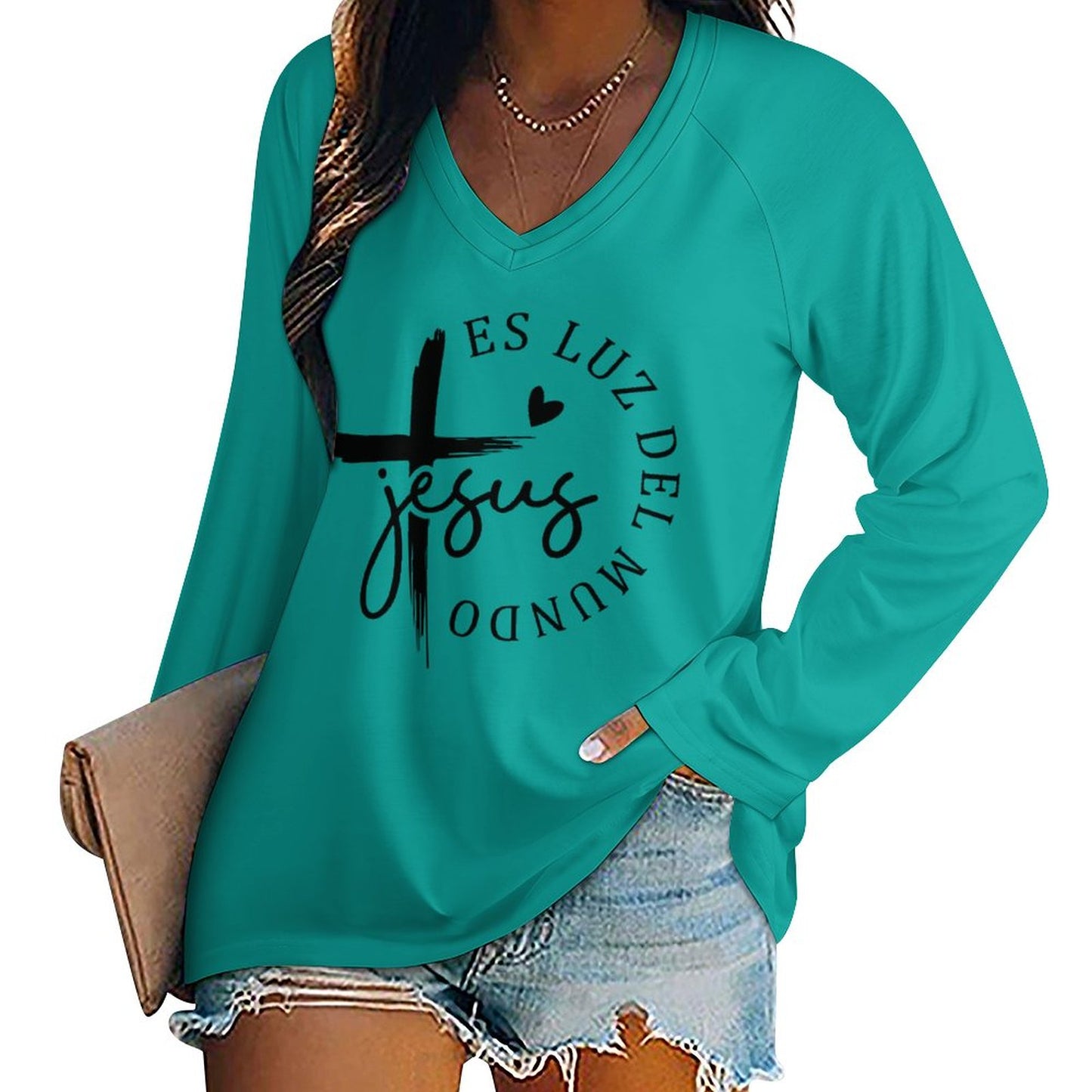 Jesus Es Luz Del Mundo Spanish Christian Women's V-neck Loose Pullover Sweatshirt