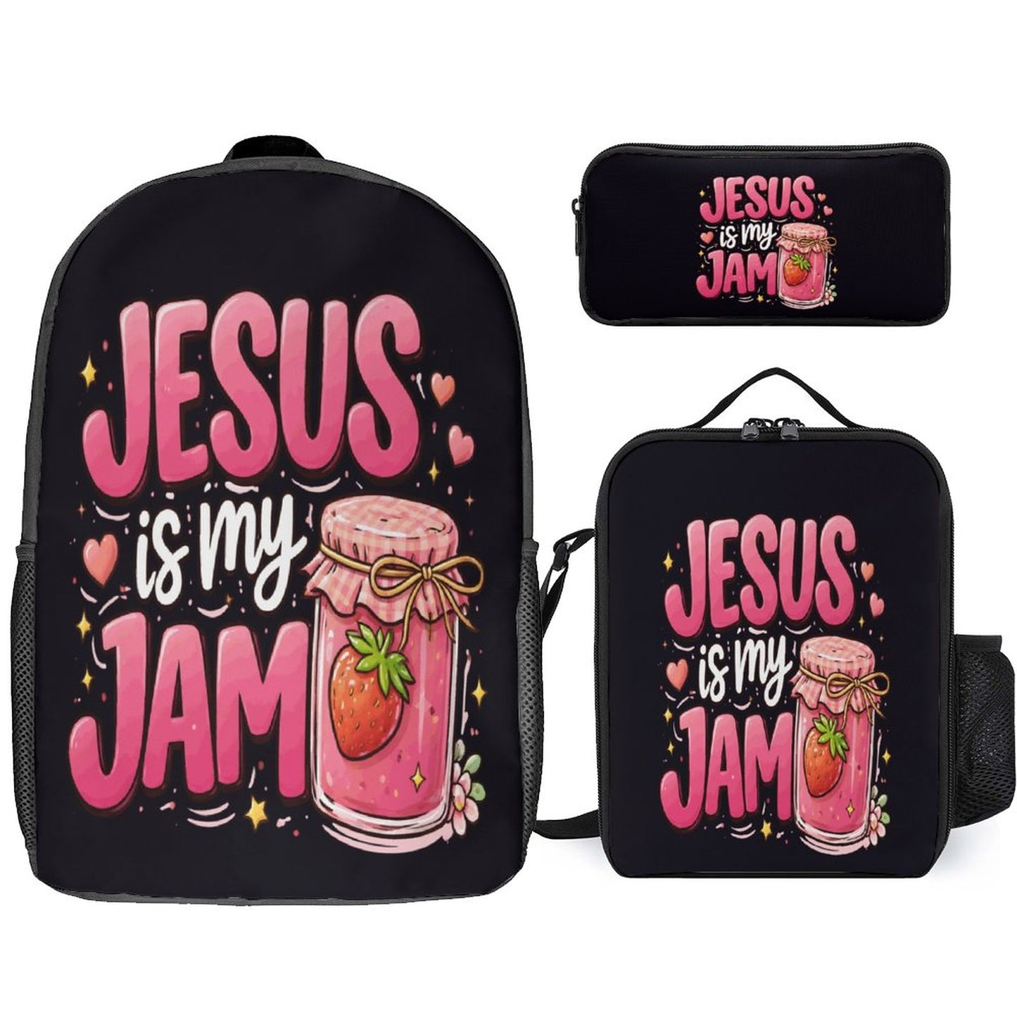 Jesus Is My Jam Christian 3 PCS Bag Set (Backpack, Lunch Bag and Pencil Case) - ClaimedbyGodDesigns