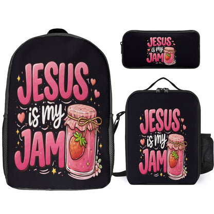 Jesus Is My Jam Christian 3 PCS Bag Set (Backpack, Lunch Bag and Pencil Case) - ClaimedbyGodDesigns