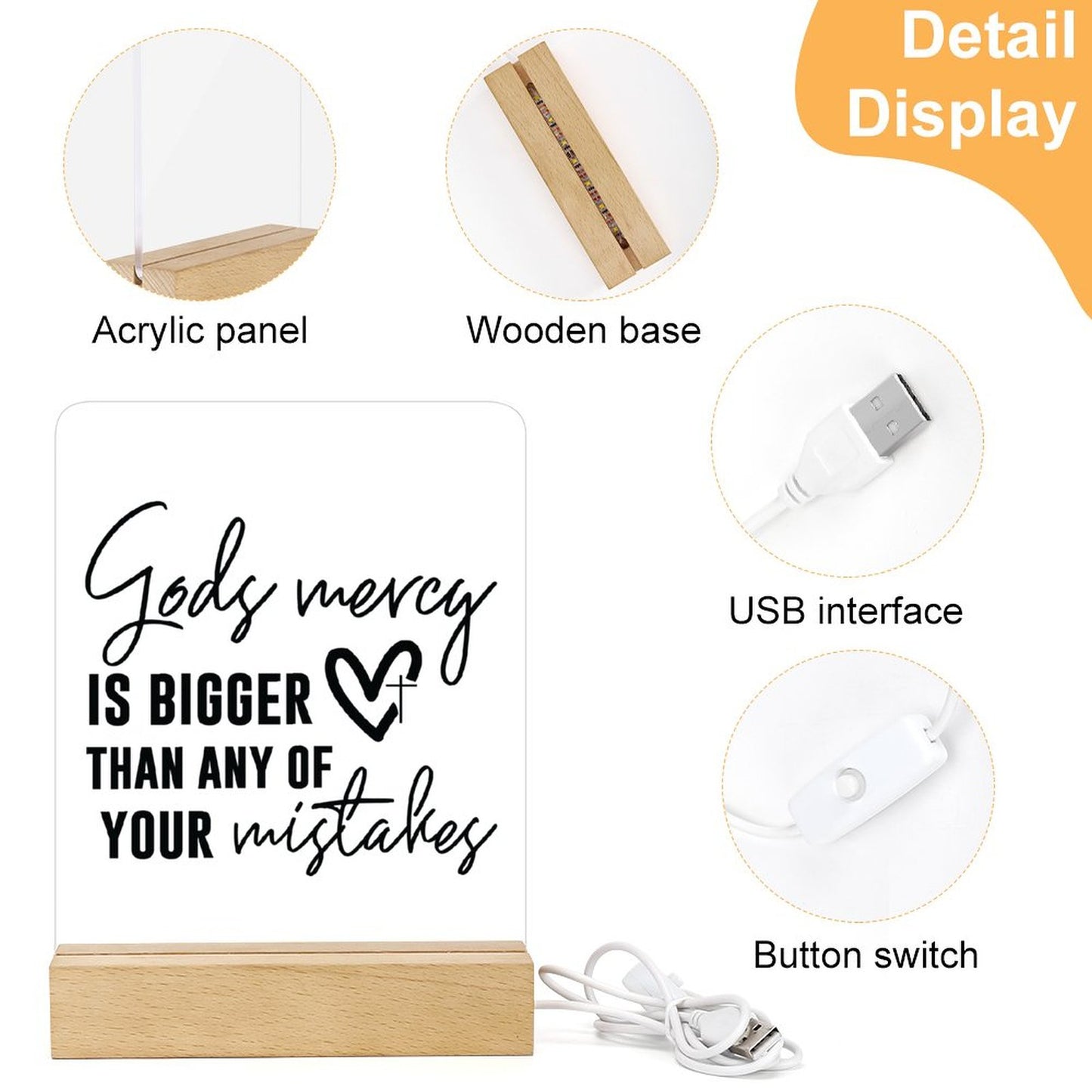 God's Mercy Is Bigger Than Any Of Your Mistakes Christian Acrylic Night Light with Wooden Base Christian Gift Idea