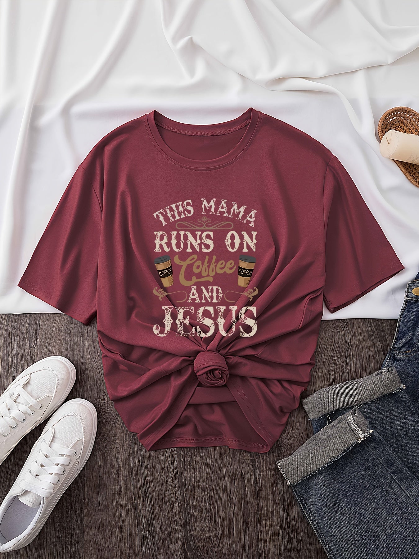 This Mama Runs On coffee And Jesus Plus Size Women's Christian T-shirt claimedbygoddesigns