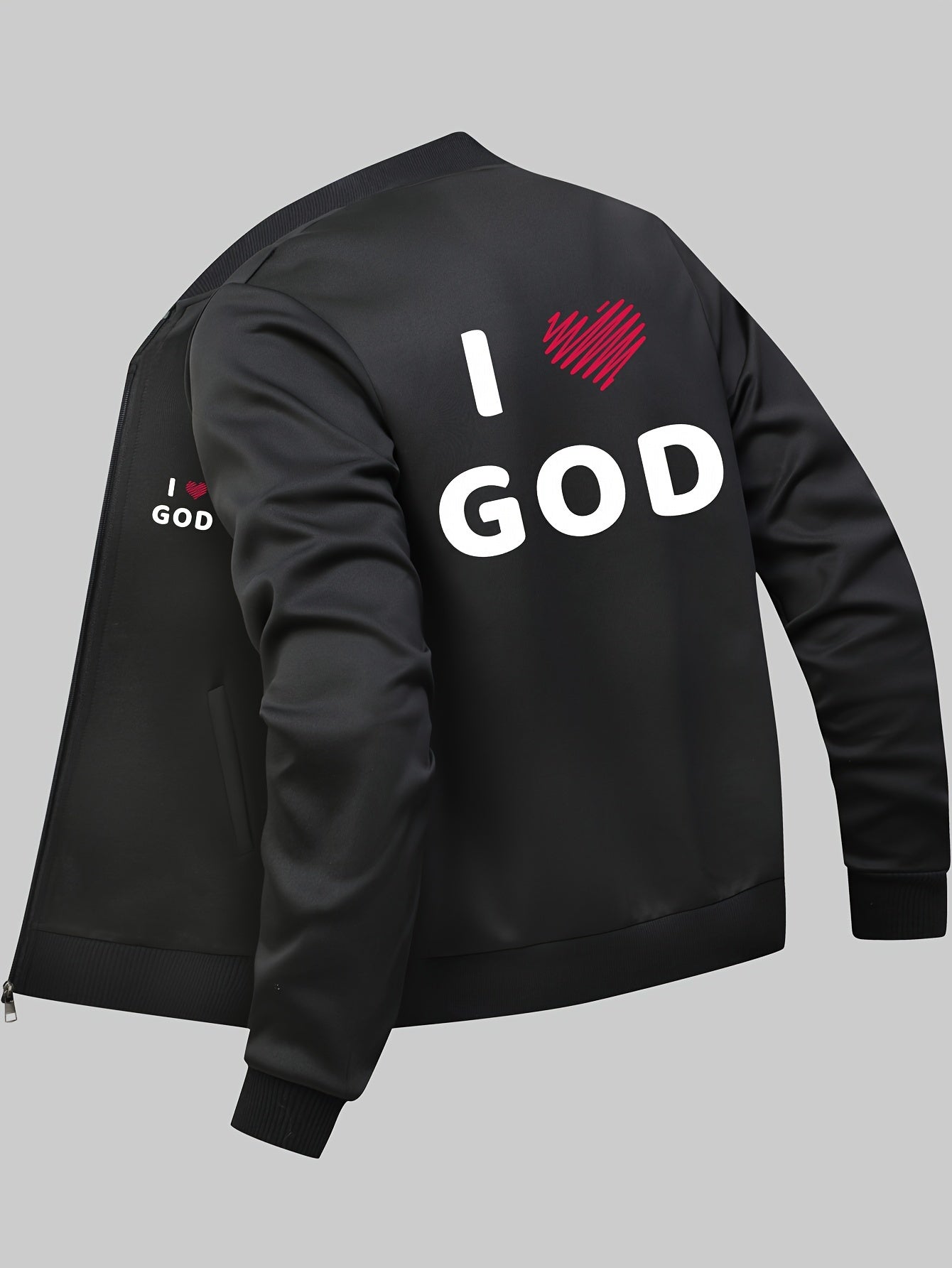 Men's I Love God Print Bomber Jacket, Casual Zip-up Jacket With Pockets claimedbygoddesigns