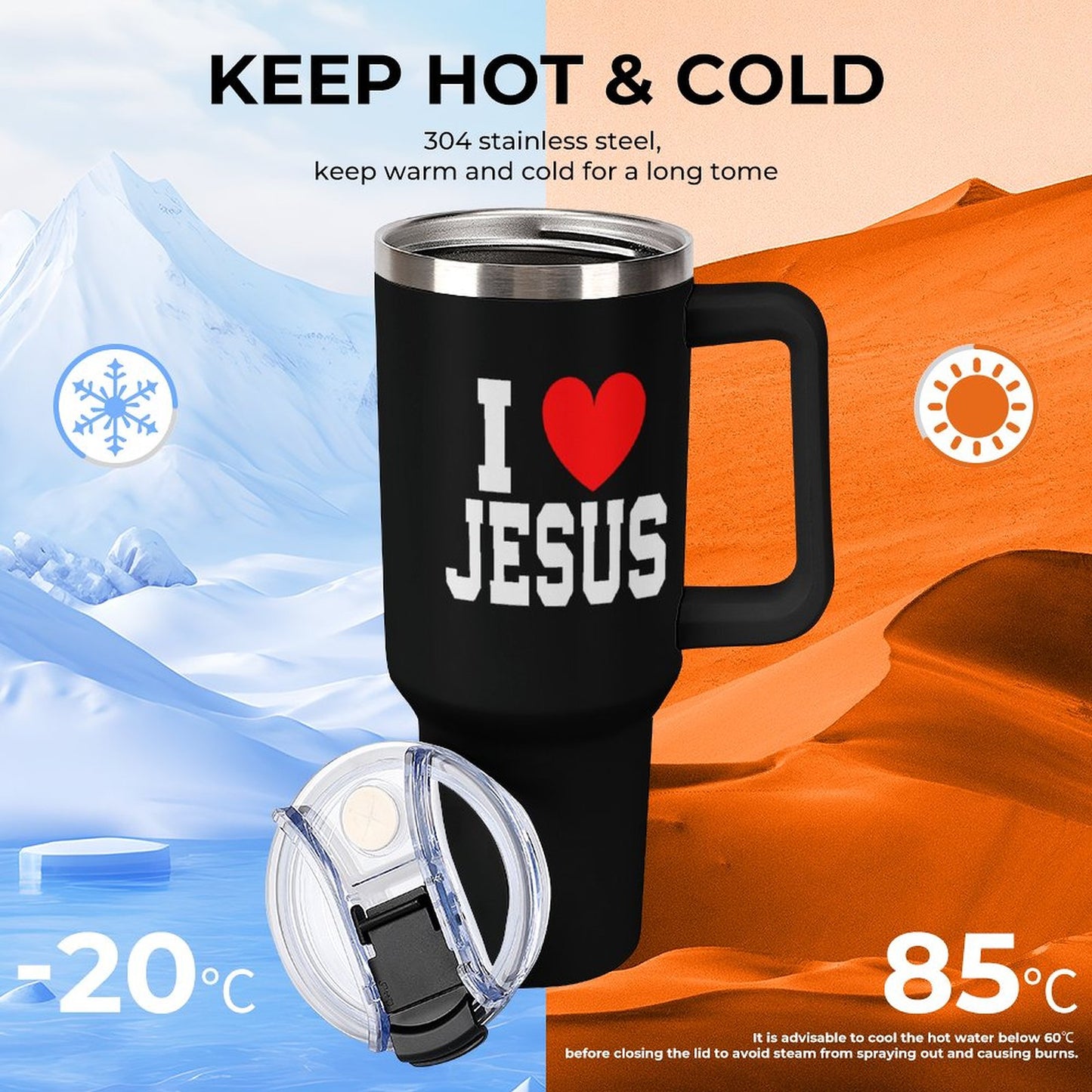 I Love Jesus 40oz Insulated Christian Tumbler with Handle and Straw