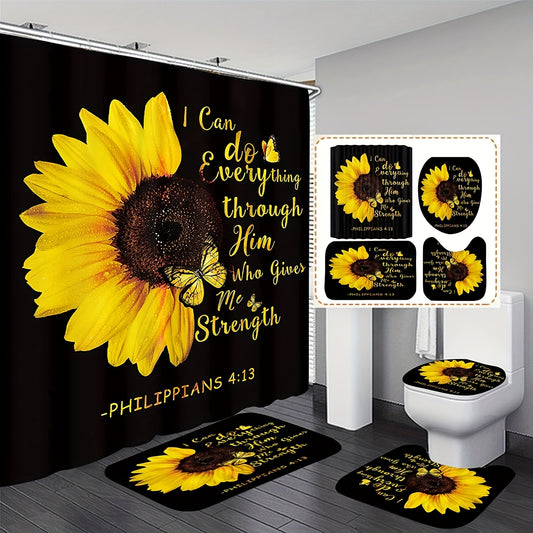 Philippians 4:13 I Can Do All Things Christian Shower Curtain with 12 Hooks, Non-Slip Rug, Toilet Lid Cover Pad, and U-Shape Mat claimedbygoddesigns