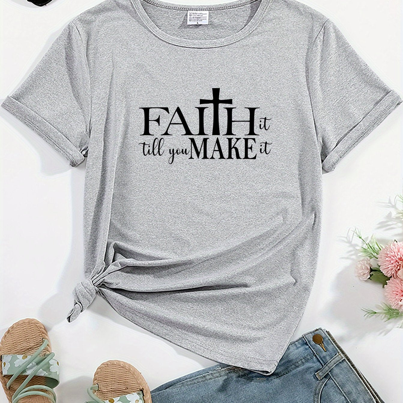 Faith Letter & Cross Graphic Crew Neck Sports Tee, Workout Short Sleeves Running Tops, Women's Activewear claimedbygoddesigns