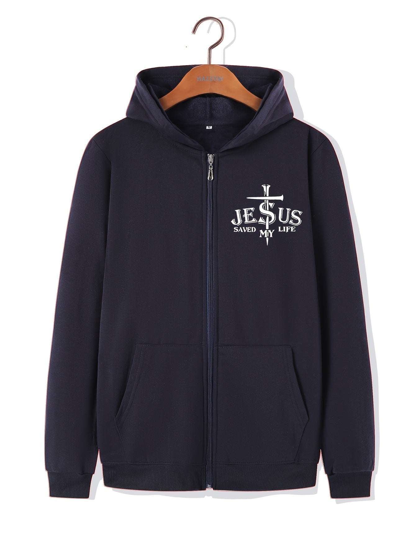 ''JESUS SAVED MY LIFE'' Cross Print Men's Zip-Up Fleece Hooded Jacket, Casual Loose Hoodie For Sports, Running claimedbygoddesigns