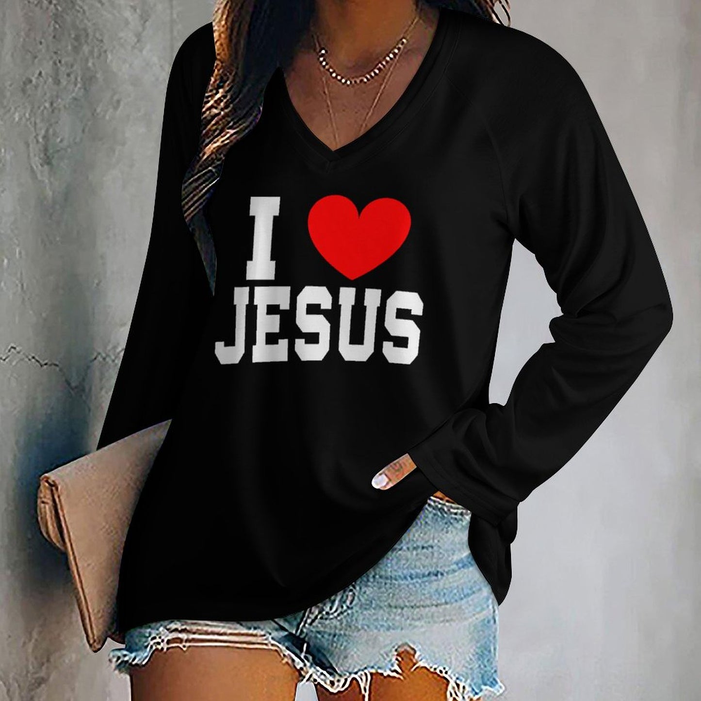 I Love Jesus Women's Christian V-neck Loose Long Sleeve Pullover Sweatshirt