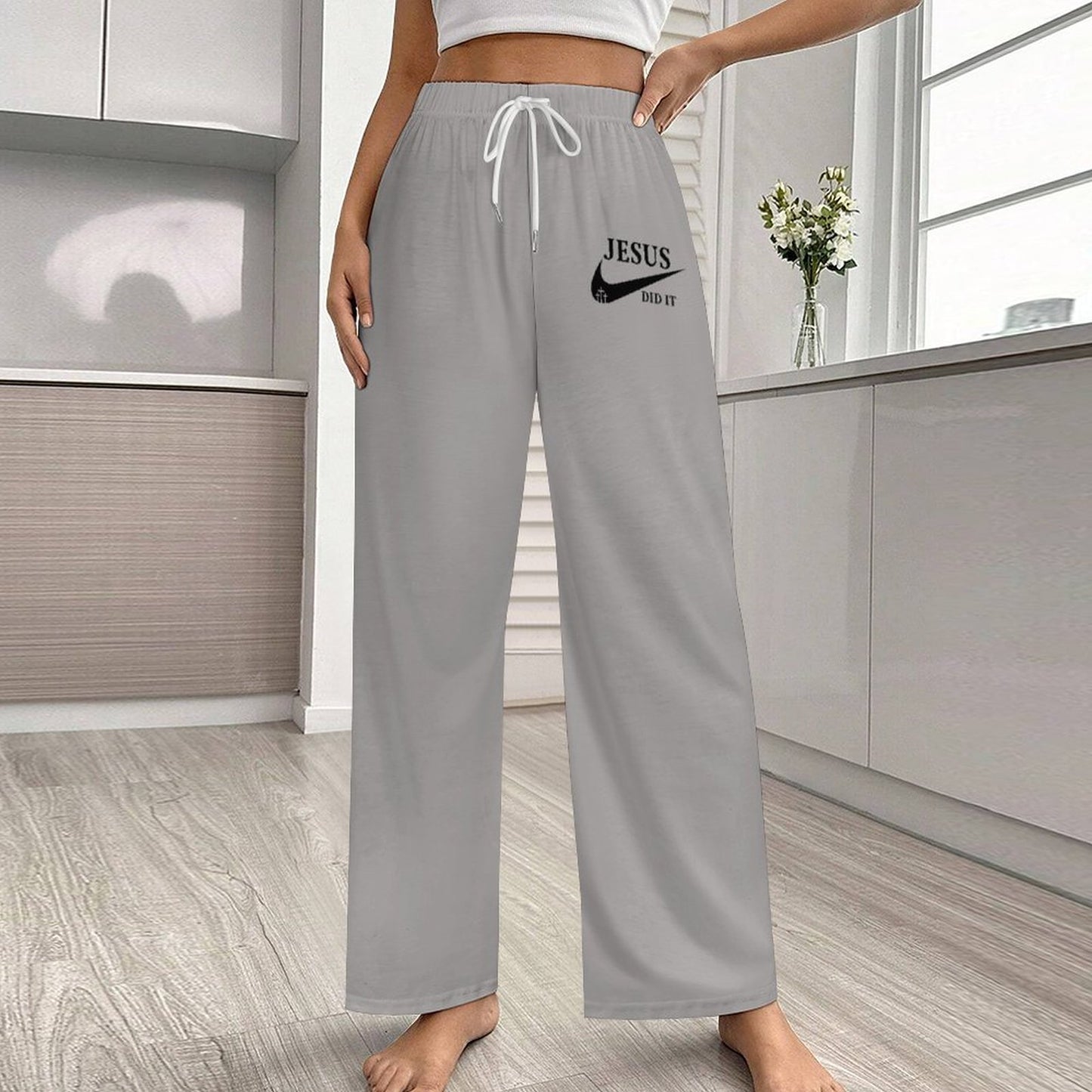 Jesus Did It Women's Christian Faux Cotton Drawstring Wide Leg Pajamas Pants