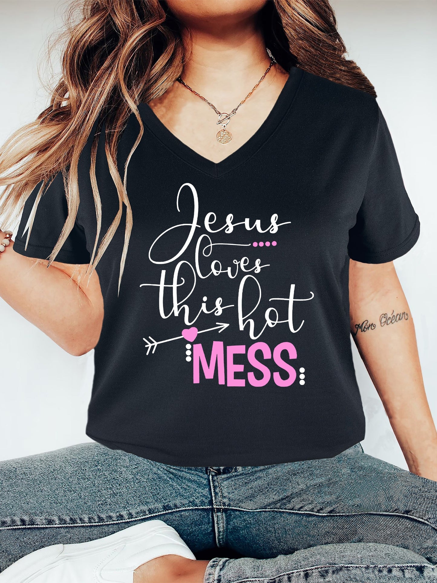 Jesus Loves This Hot Mess Women's Christian V Neck T-Shirt claimedbygoddesigns
