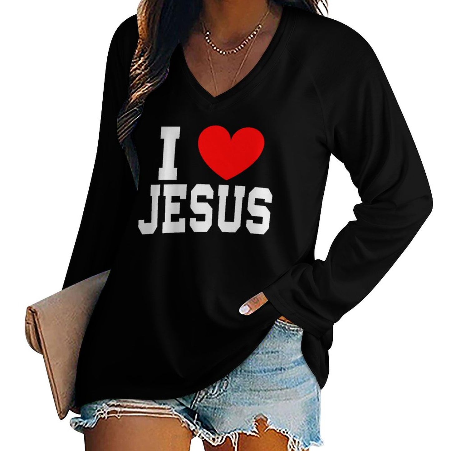 I Love Jesus Women's Christian V-neck Loose Long Sleeve Pullover Sweatshirt