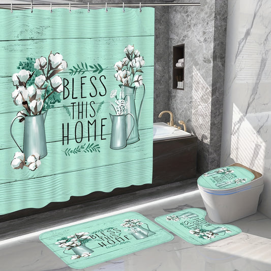 Bless This Home 4pc Christian Shower Curtain Set With 12 Hooks, Non-Slip Bathroom Rug, Toilet U-Shape Mat, Toilet Lid Cover Pad claimedbygoddesigns