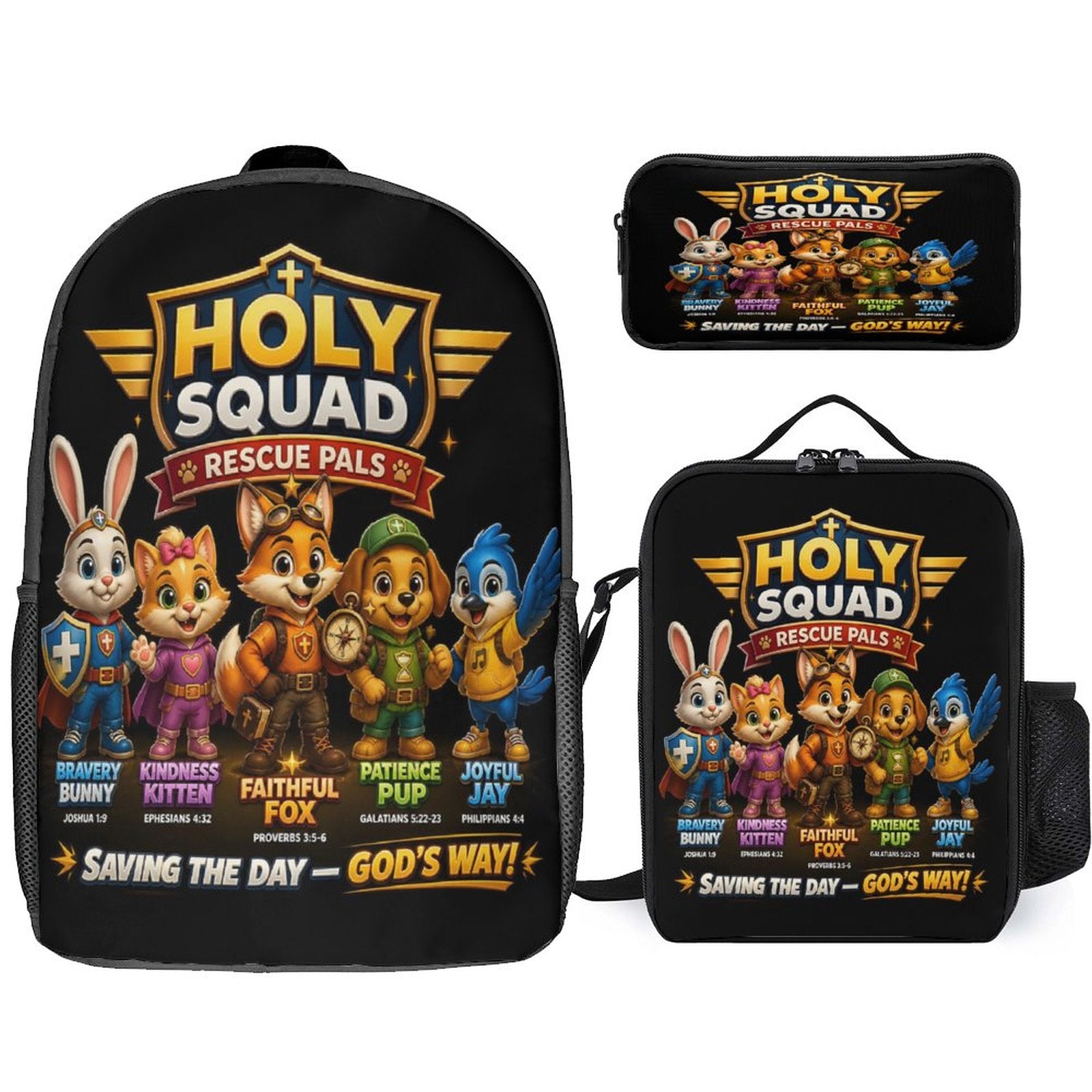 Holy Squad Rescue Pals Christian 3 PCS Bag Set (Backpack, Lunch Bag and Pencil Case) - ClaimedbyGodDesigns
