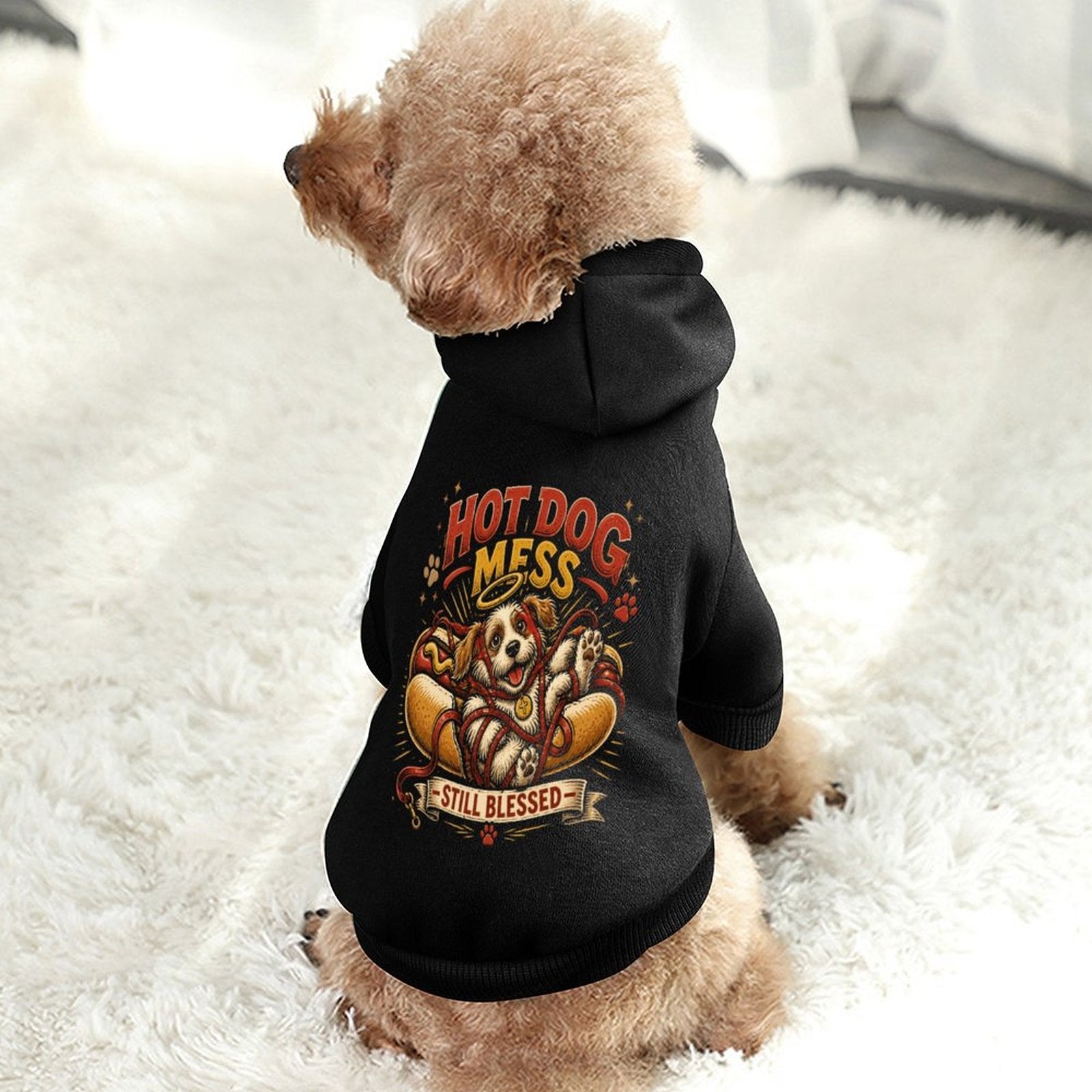 Hot Dog Mess Still Blessed Christian Pet Hooded Pullover Sweatshirt Dog Hoodie Warm, Soft & Breathable - ClaimedbyGodDesigns