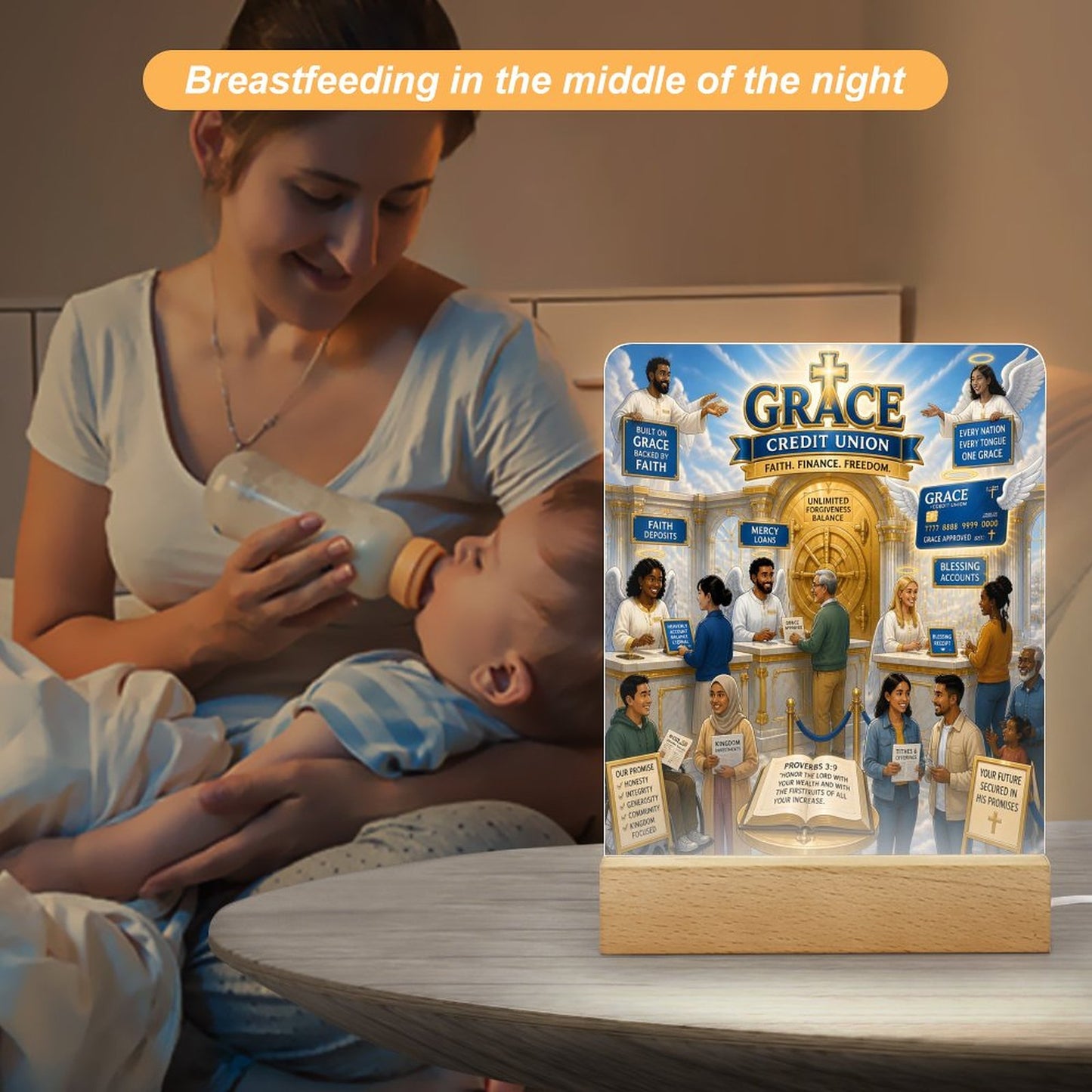 The Grace Credit Union Christian Acrylic Photo Night Light with Wooden Base - ClaimedbyGodDesigns