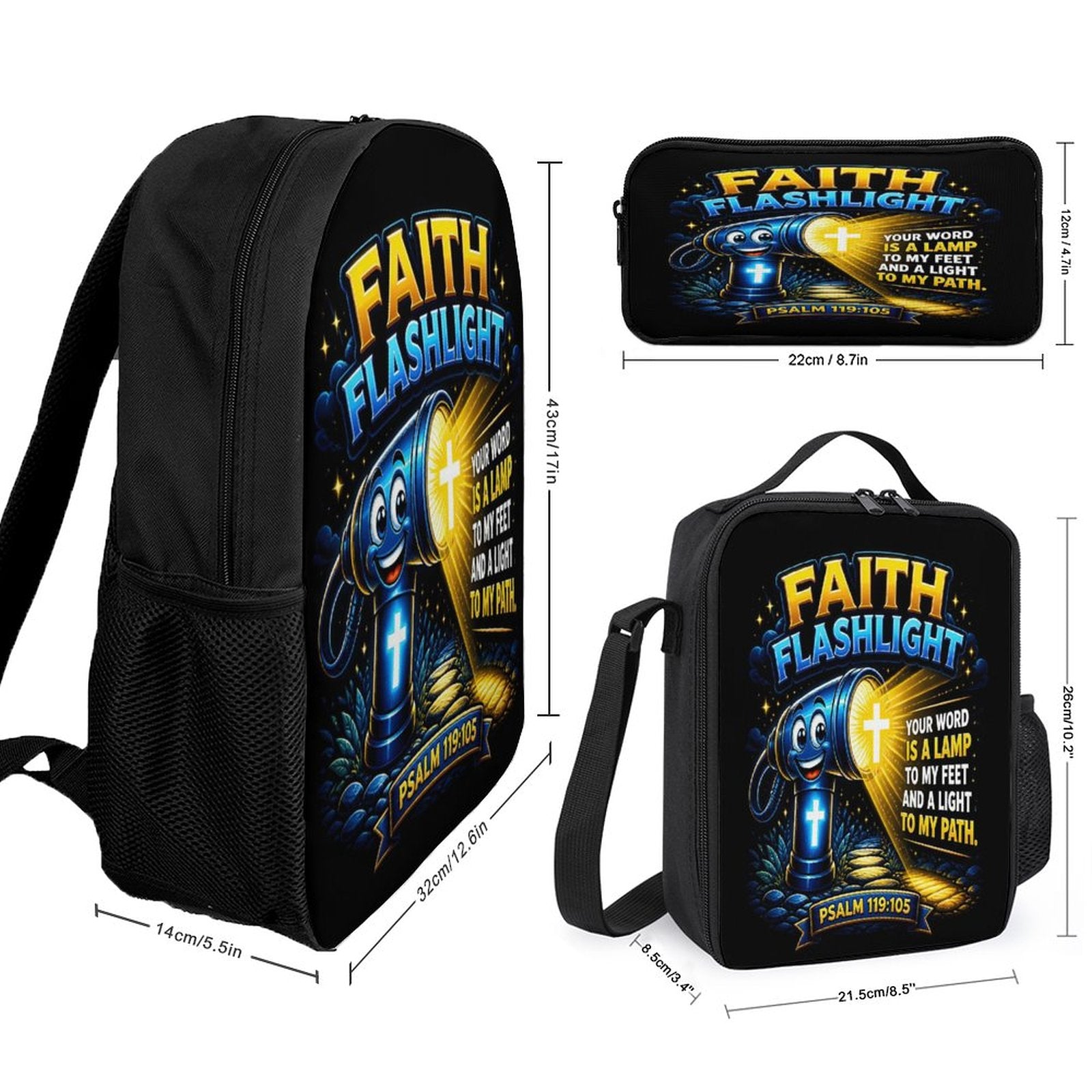 Faith Flashlight Christian 3 PCS Bag Set (Backpack, Lunch Bag and Pencil Case) - ClaimedbyGodDesigns