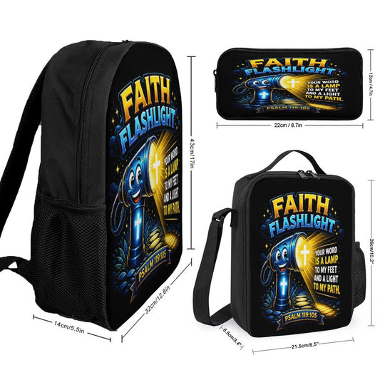 Faith Flashlight Christian 3 PCS Bag Set (Backpack, Lunch Bag and Pencil Case) - ClaimedbyGodDesigns