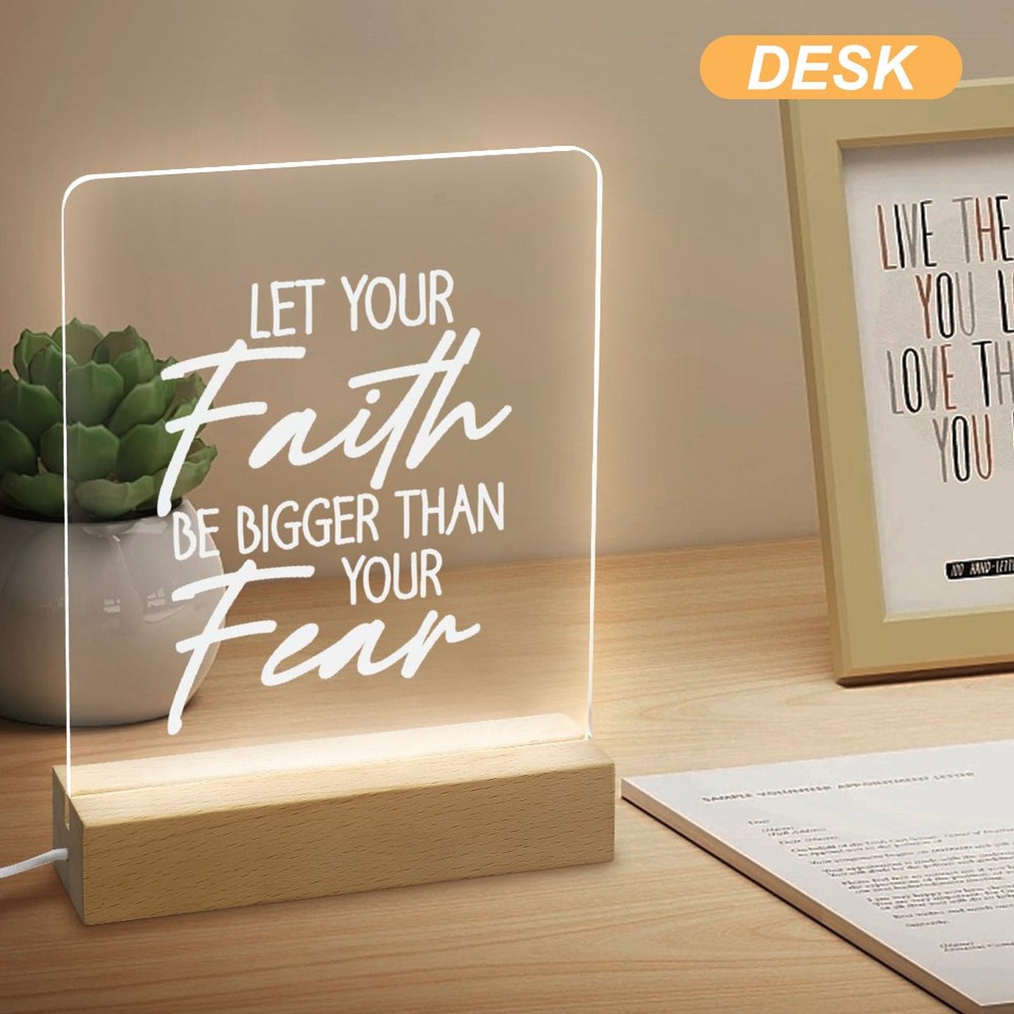 Let Your Faith Be Bigger Than Your Fear Christian Acrylic Night Light with Wooden Base Christian Gift Idea