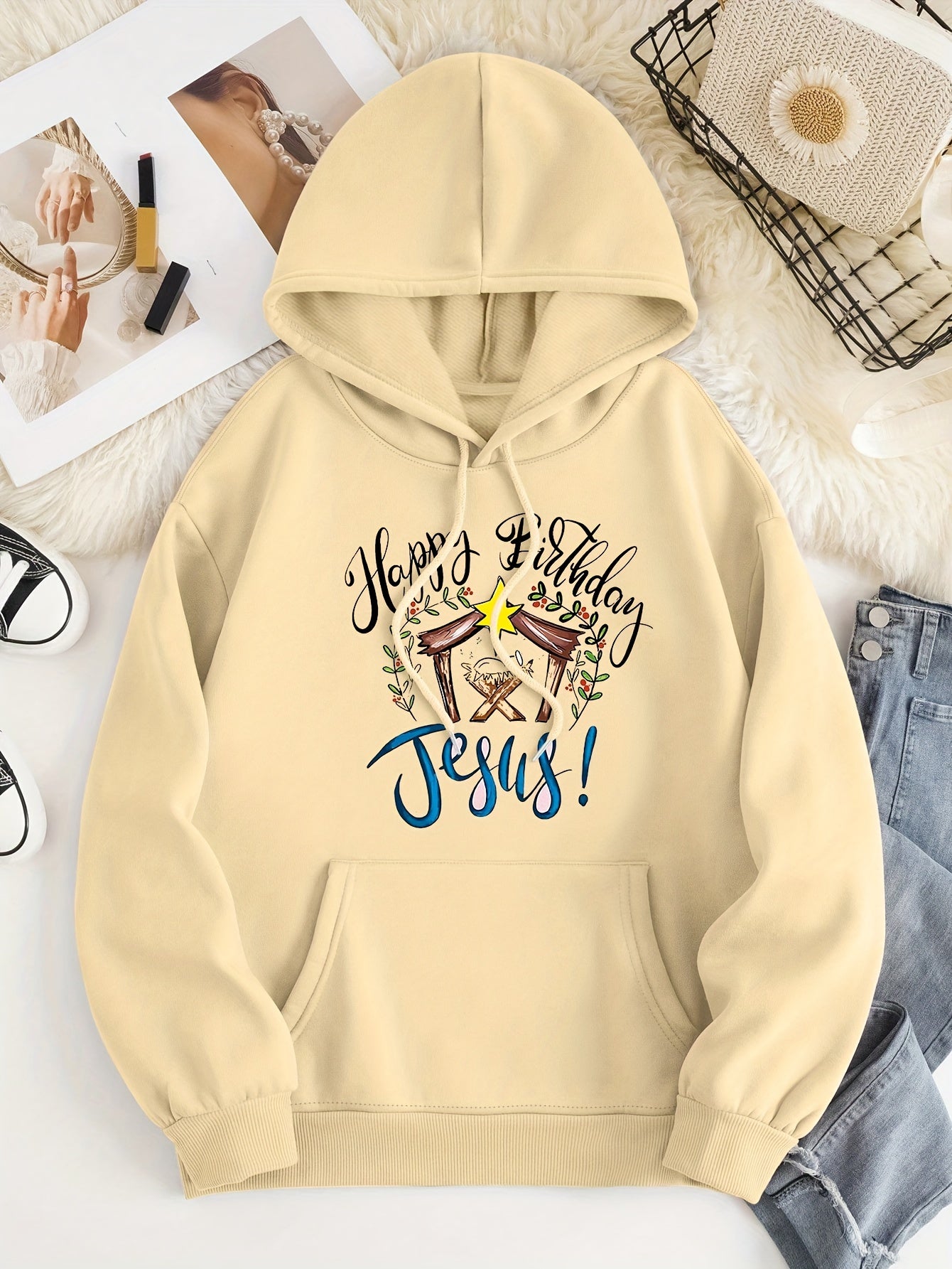 Happy Birthday Jesus Women's Christian Pullover Hooded Sweatshirt claimedbygoddesigns