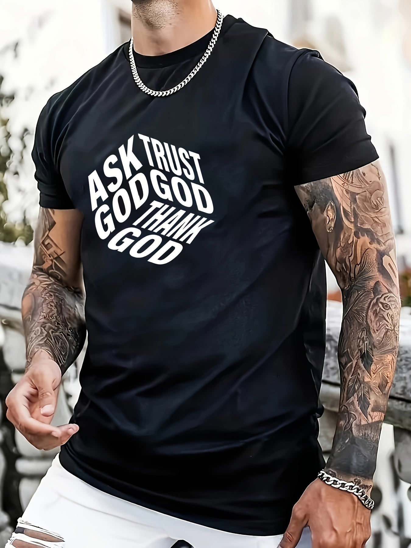 Ask Trust Thank God Men's Christian T-shirt claimedbygoddesigns