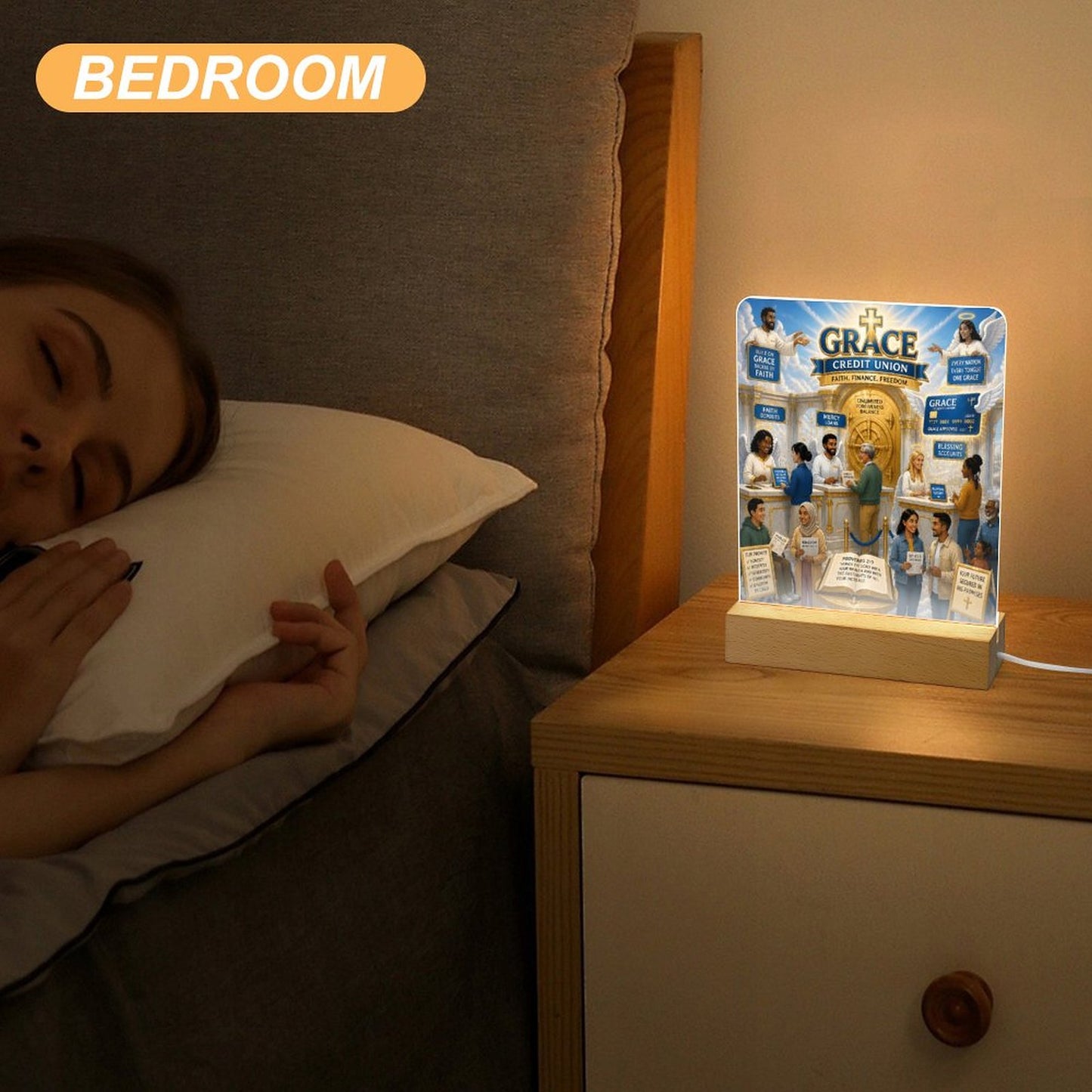 The Grace Credit Union Christian Acrylic Photo Night Light with Wooden Base - ClaimedbyGodDesigns