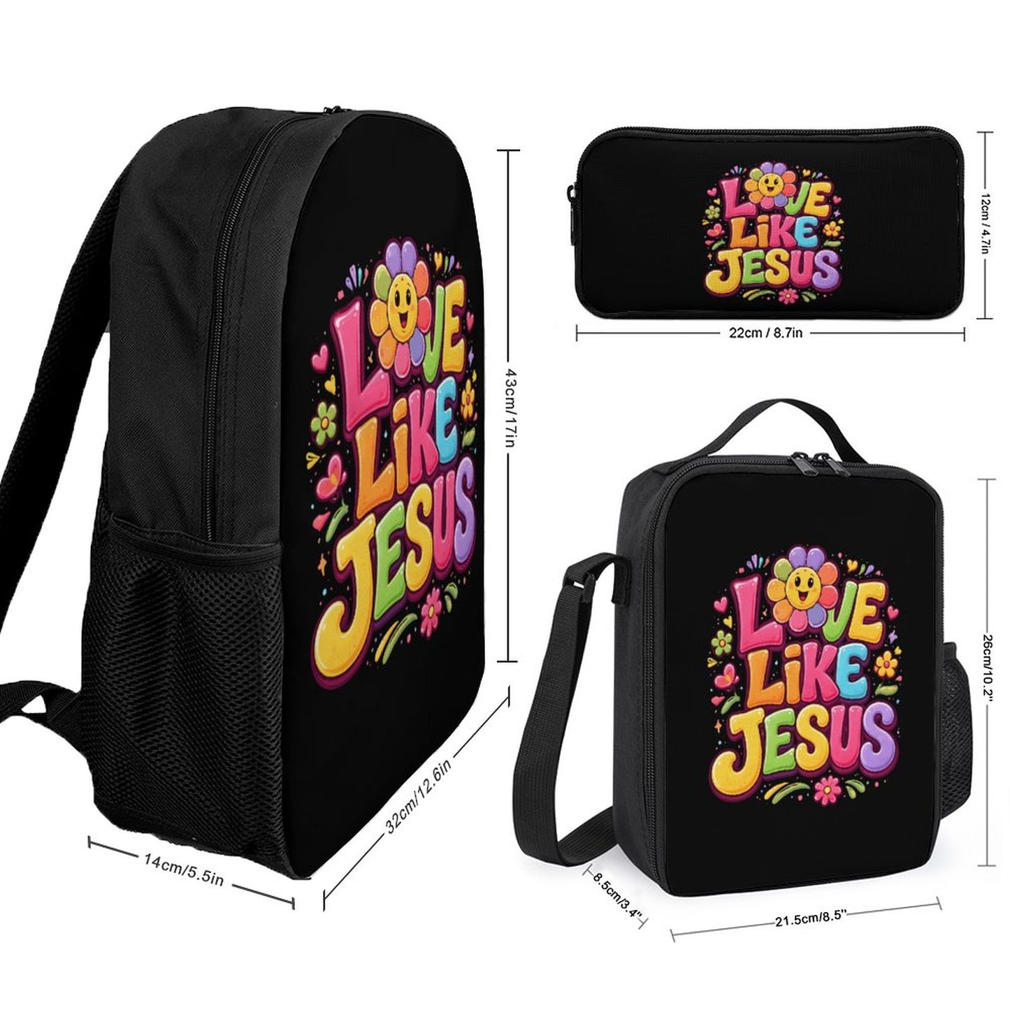 Love Like Jesus 3 PCS Christian Backpack Set (Backpack, Lunch Bag and Pencil Case)