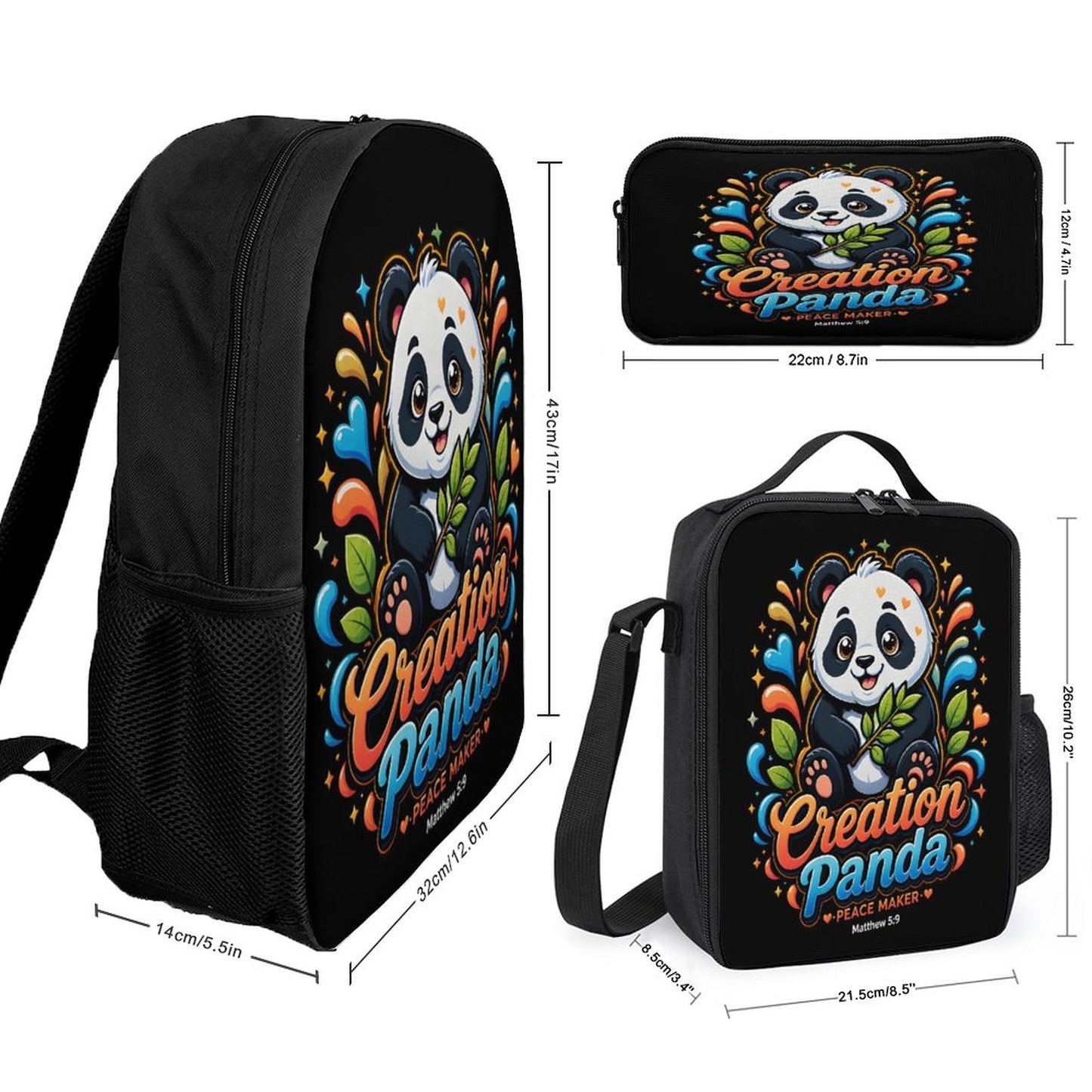 Creation Panda Christian 3 PCS Bag Set (Backpack, Lunch Bag and Pencil Case) - ClaimedbyGodDesigns