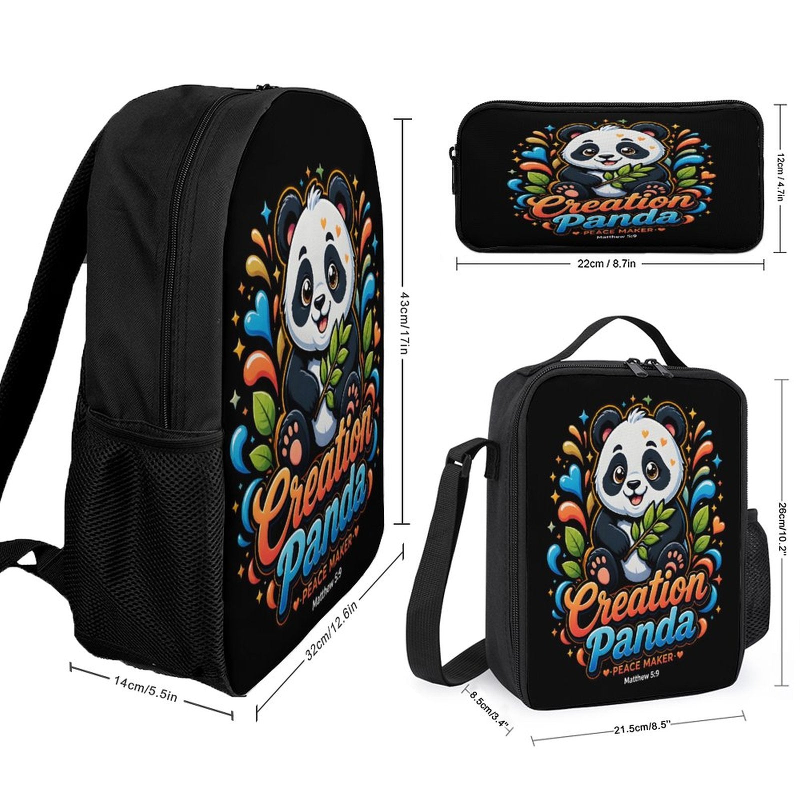 Creation Panda Christian 3 PCS Bag Set (Backpack, Lunch Bag and Pencil Case) - ClaimedbyGodDesigns