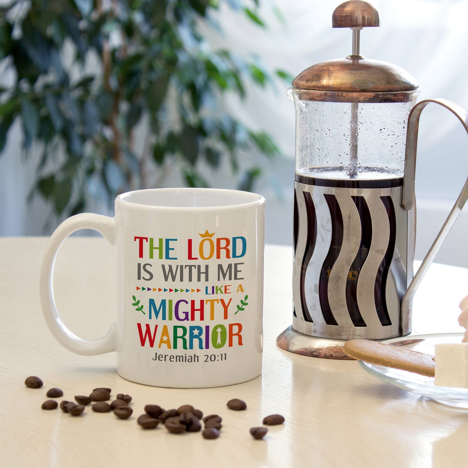 Jeremiah 20:11 The Lord Is With Me Like A Mighty Warrior Christian White Ceramic Mug, 11oz claimedbygoddesigns