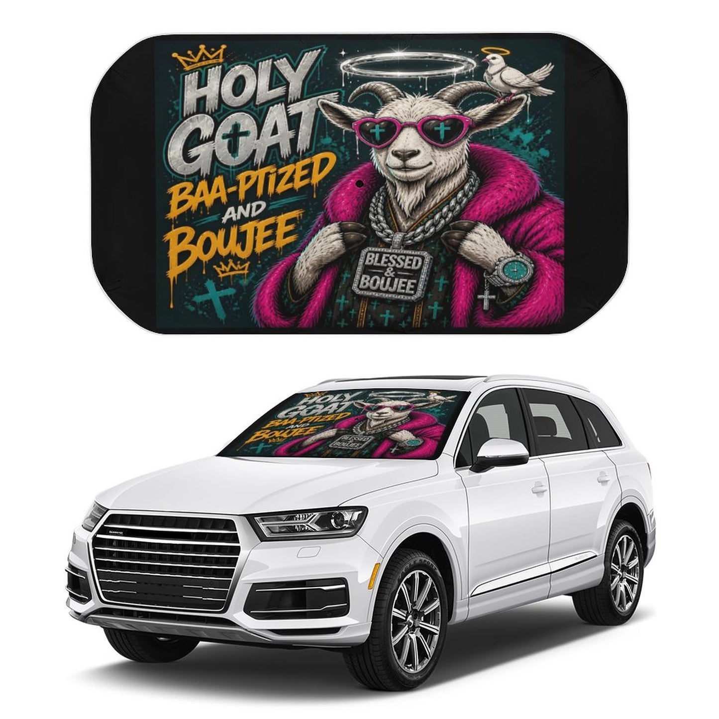 Holy Goat — Baa‑ptized & Boujee Christian Car Sunshade Umbrella - ClaimedbyGodDesigns