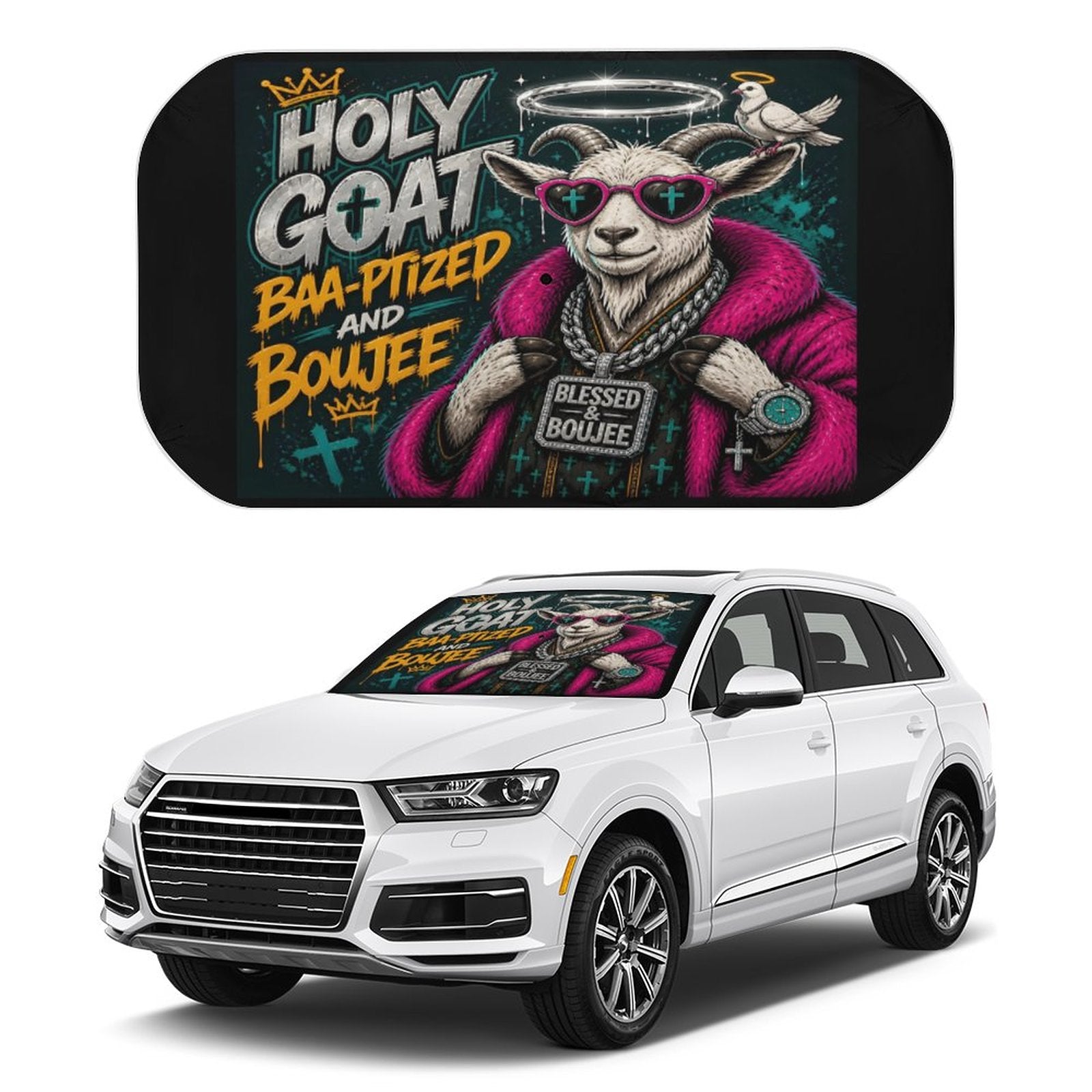Holy Goat — Baa‑ptized & Boujee Christian Car Sunshade Umbrella - ClaimedbyGodDesigns