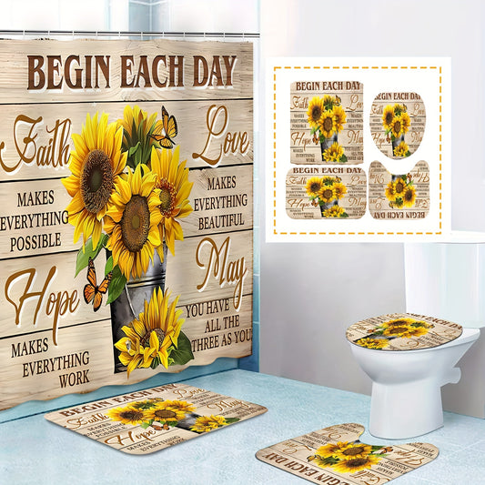 Begin Each Day Christian Shower Curtain or Set With Hooks, Non-Slip Bathroom Rug, Toilet U-Shape Mat, Toilet Lid Cover Pad 70.9inch X 70.9inch claimedbygoddesigns