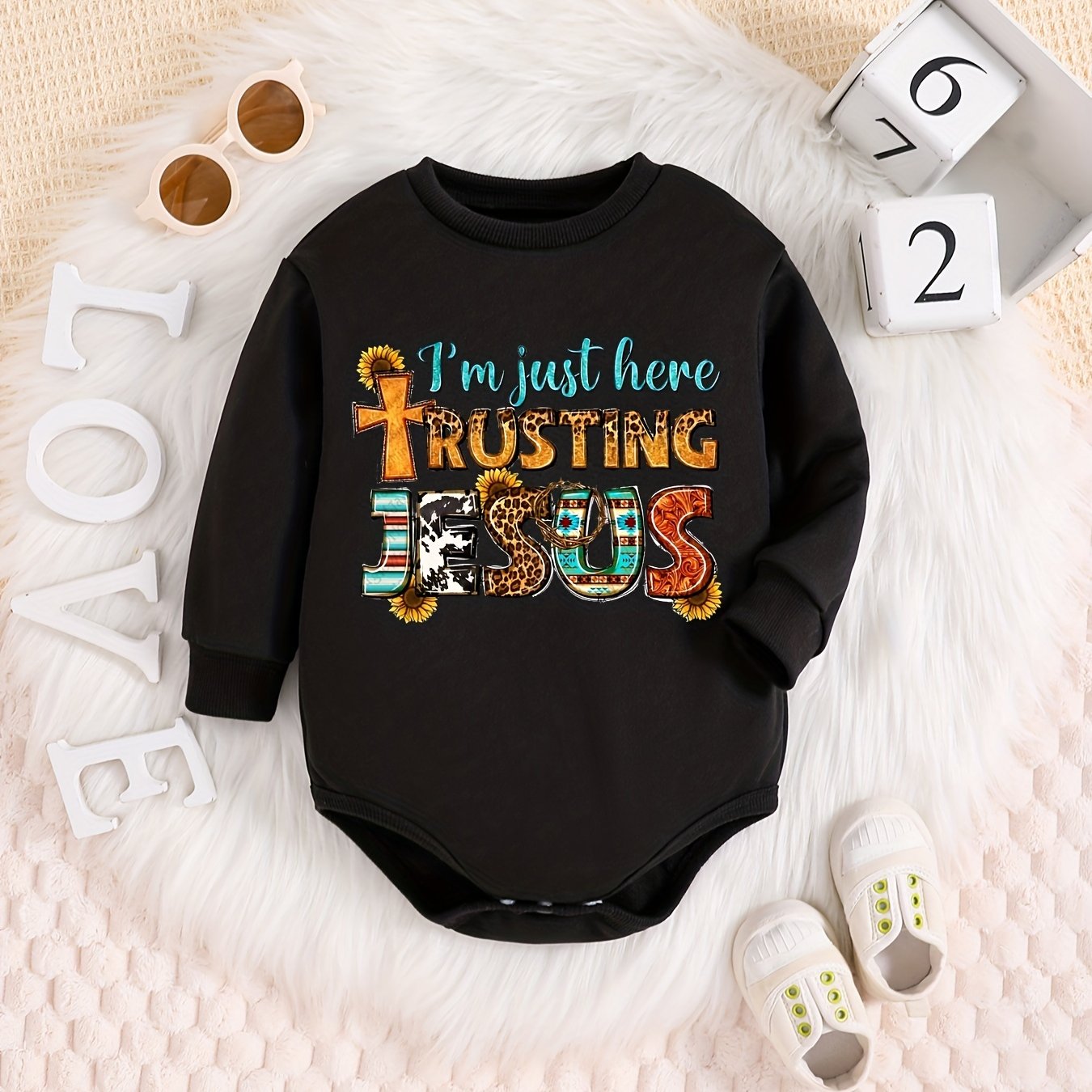 I'M JUST HERE TRUSTING JESUS Long Sleeve Christian Baby Onesie claimedbygoddesigns