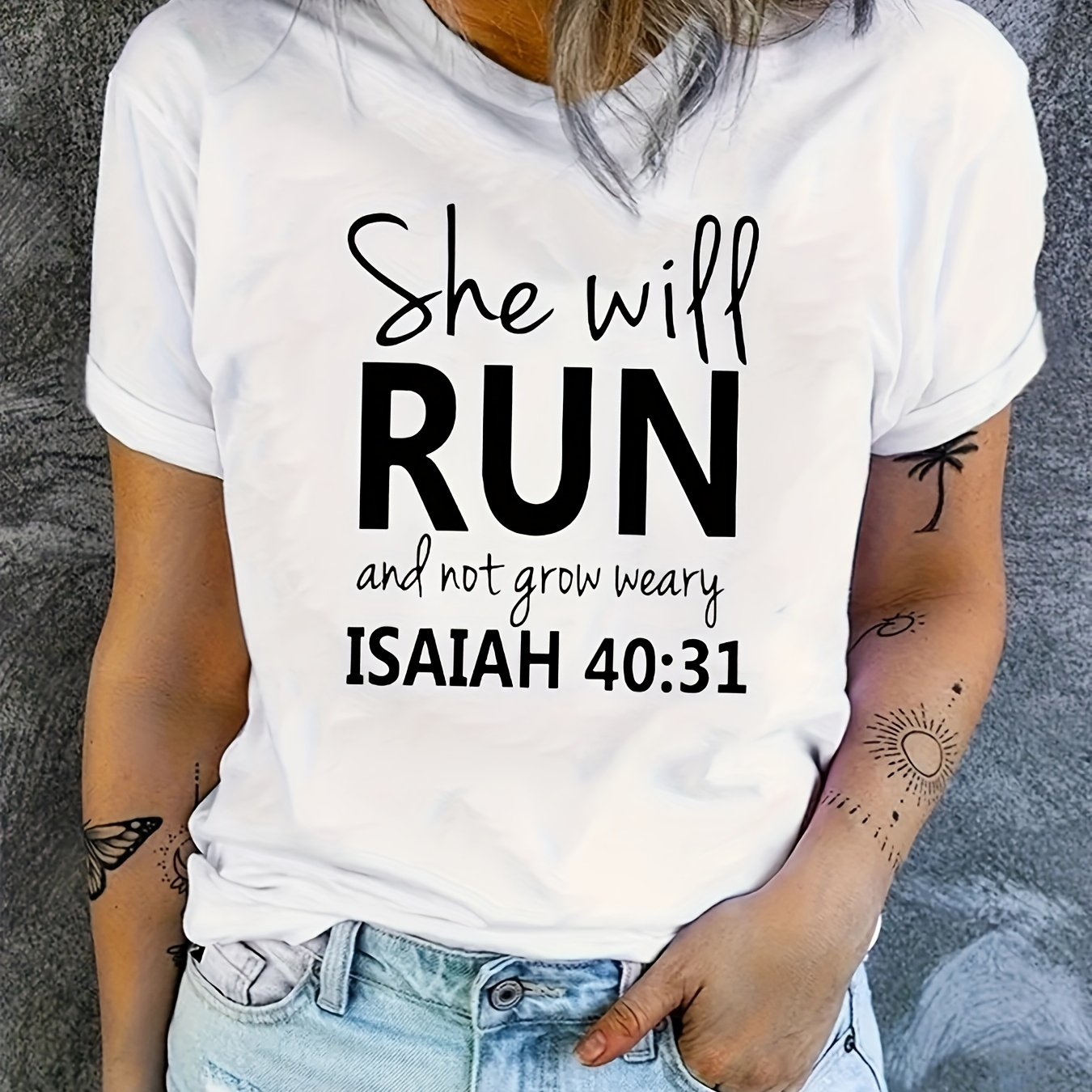 Isaiah 40:31 She Will Run And Not Grow Weary Women's Christian T-shirt claimedbygoddesigns